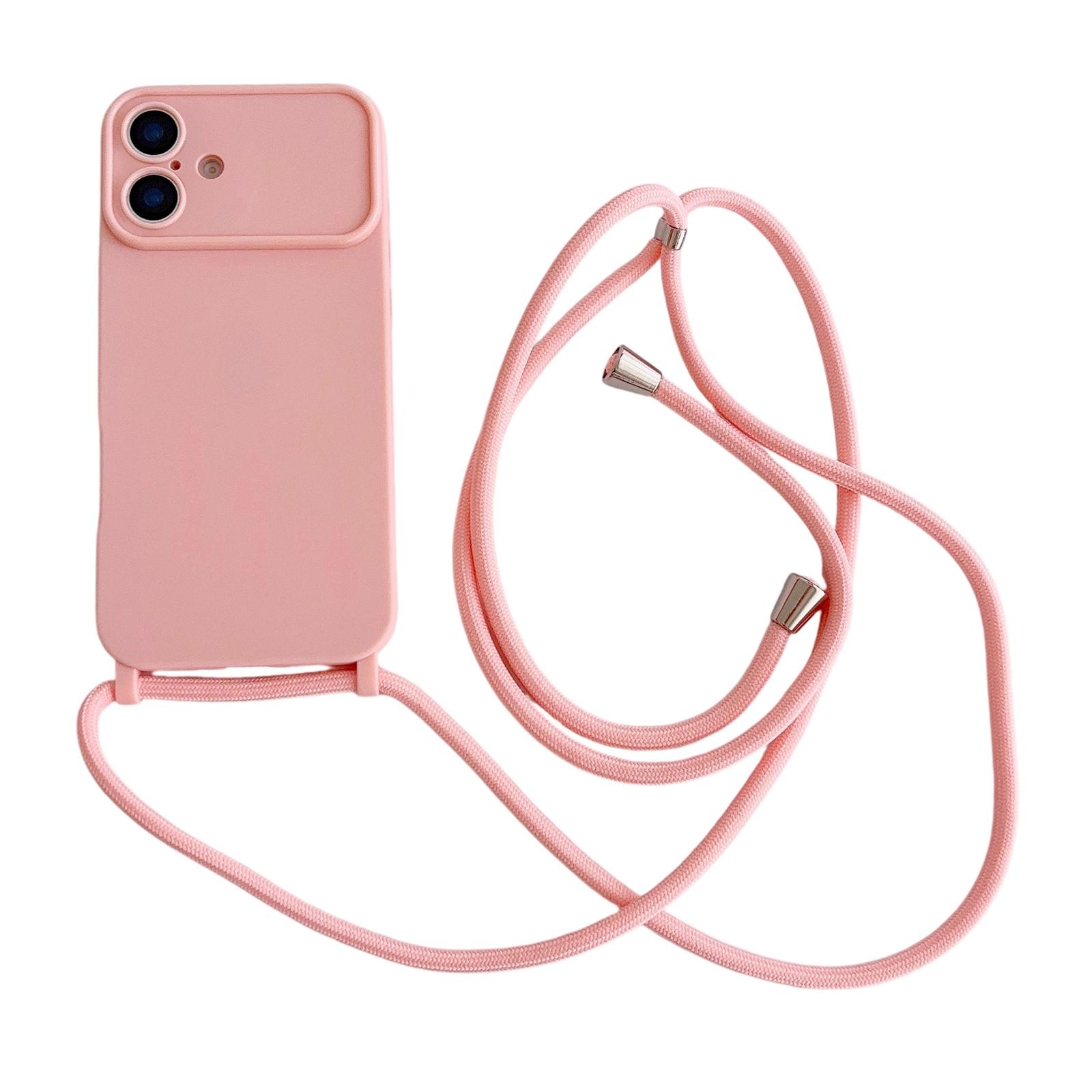 For iPhone 17 Large Camera Window Integrated Lanyard Holes Phone Case with Crossbody Thin Strap(Pink) - Shopkiz.com