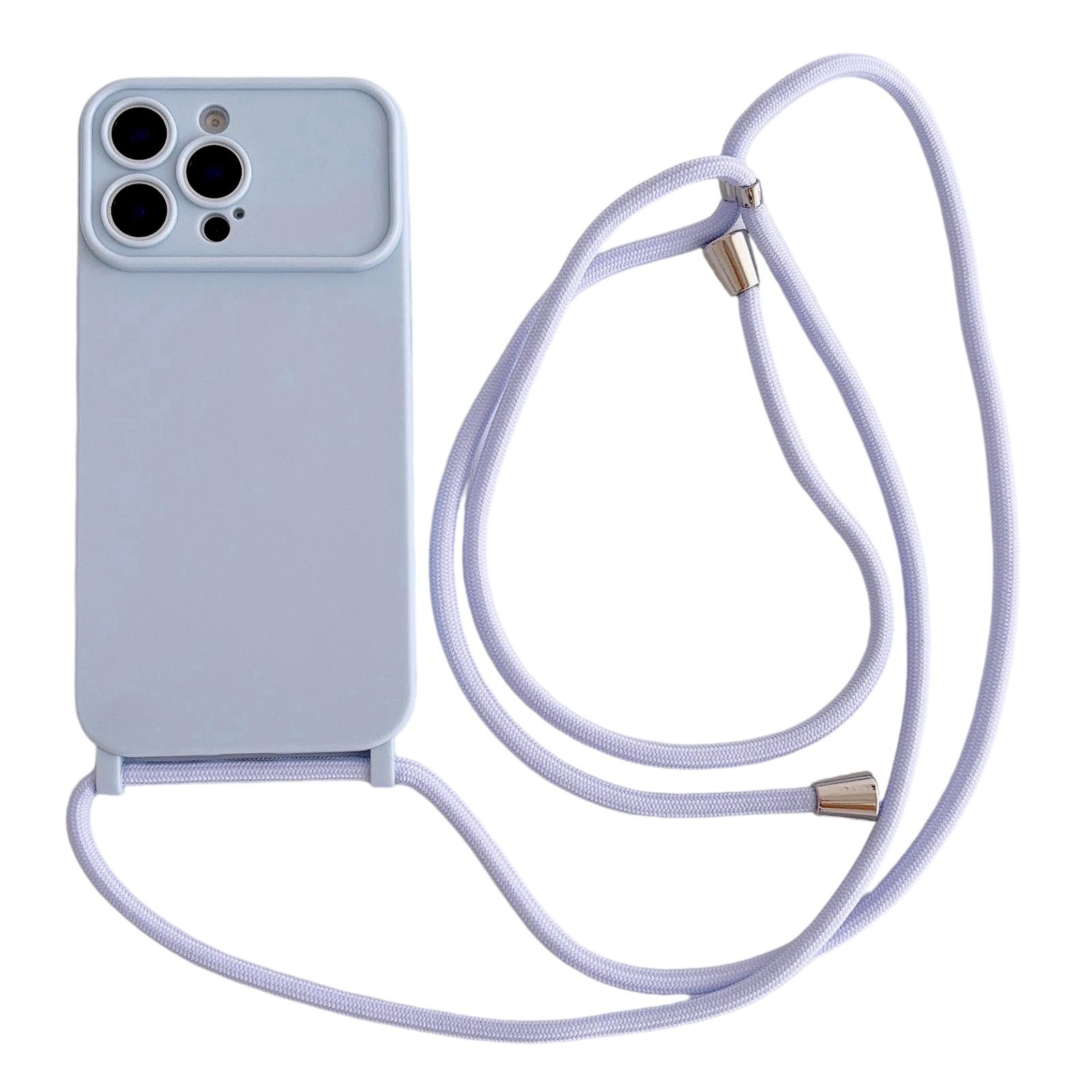 For iPhone 15 Pro Max Large Camera Window Integrated Lanyard Holes Phone Case with Crossbody Thin Strap(Blue) - Shopkiz.com