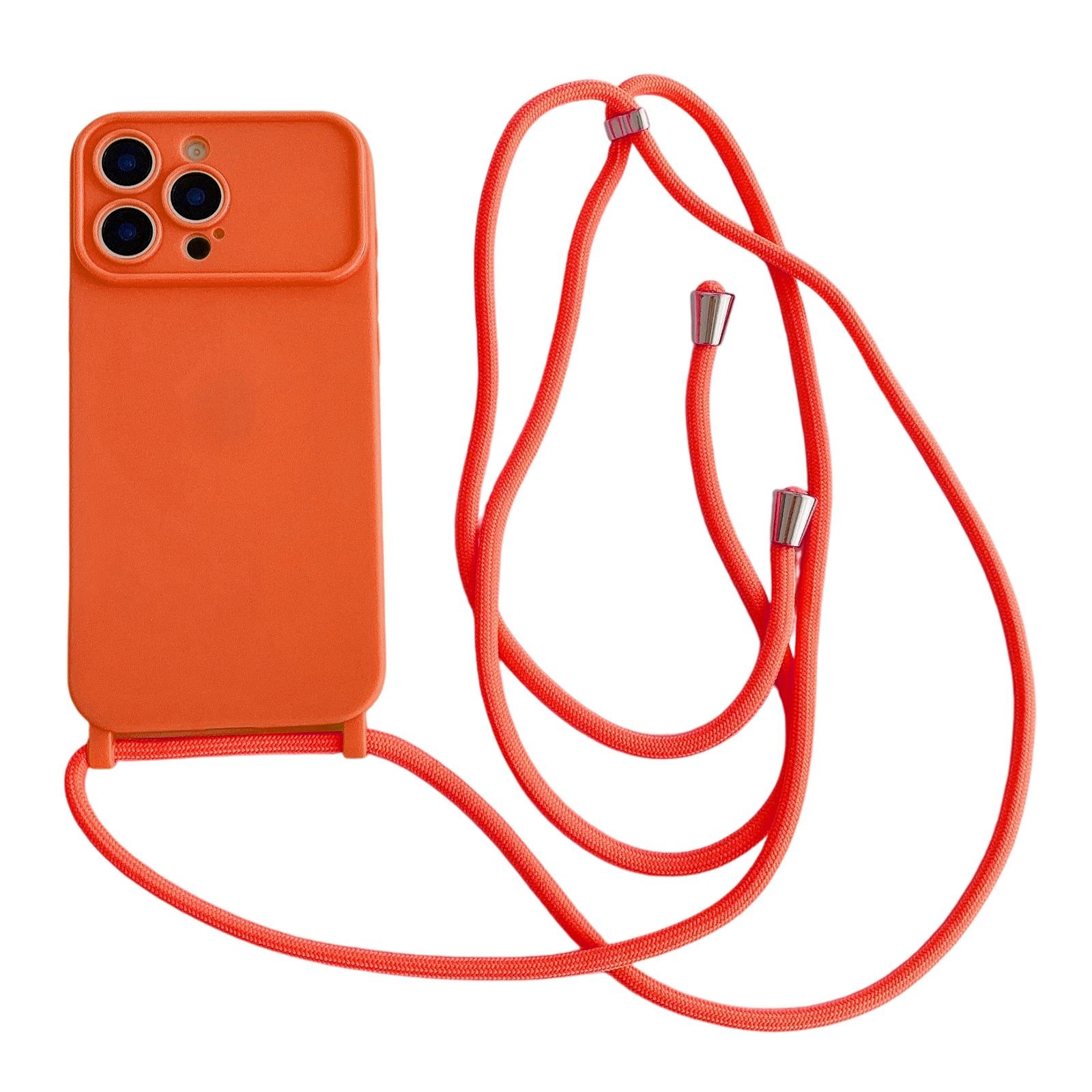 For iPhone 15 Pro Max Large Camera Window Integrated Lanyard Holes Phone Case with Crossbody Thin Strap(Orange) - Shopkiz.com