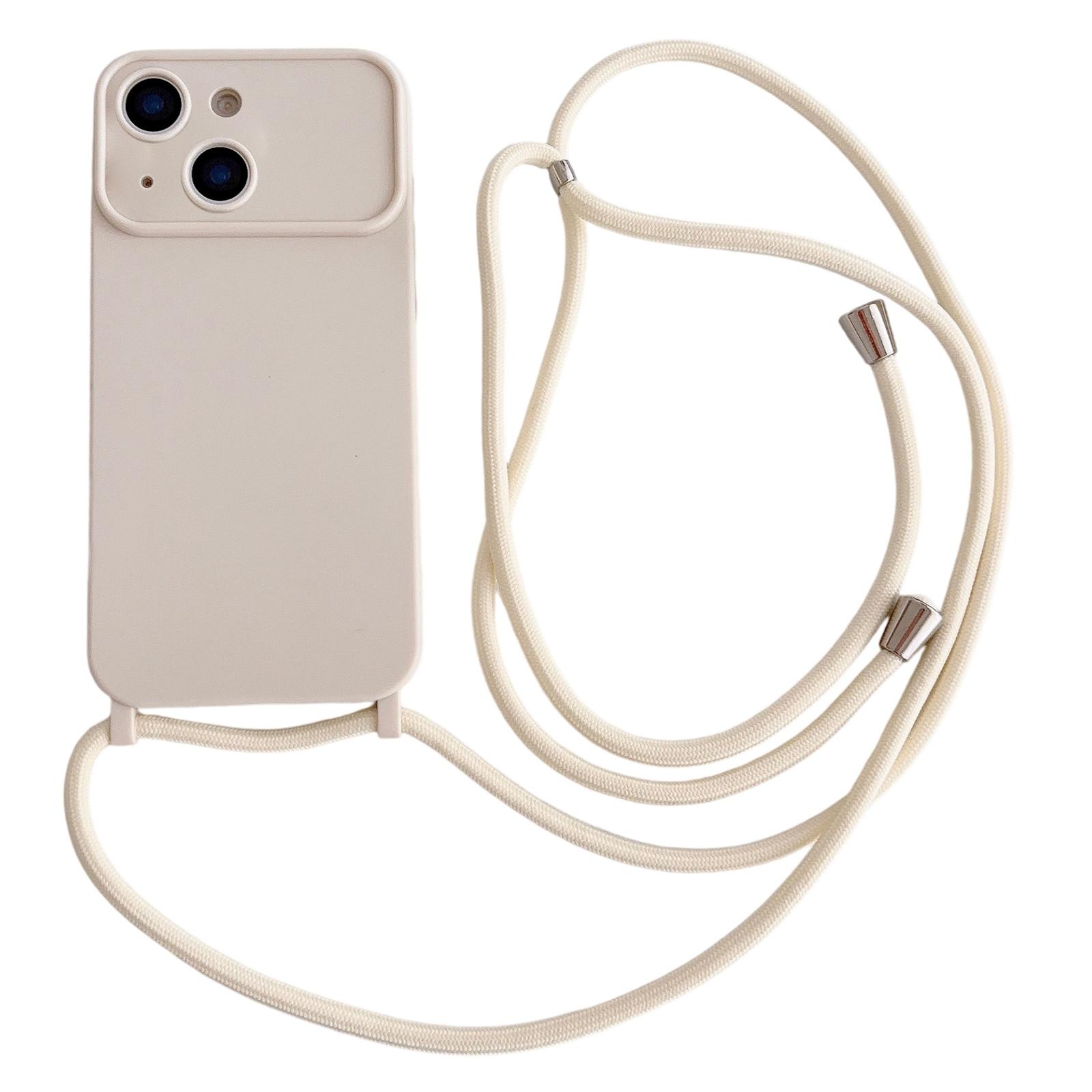 For iPhone 15 Large Camera Window Integrated Lanyard Holes Phone Case with Crossbody Thin Strap(Beige) - Shopkiz.com
