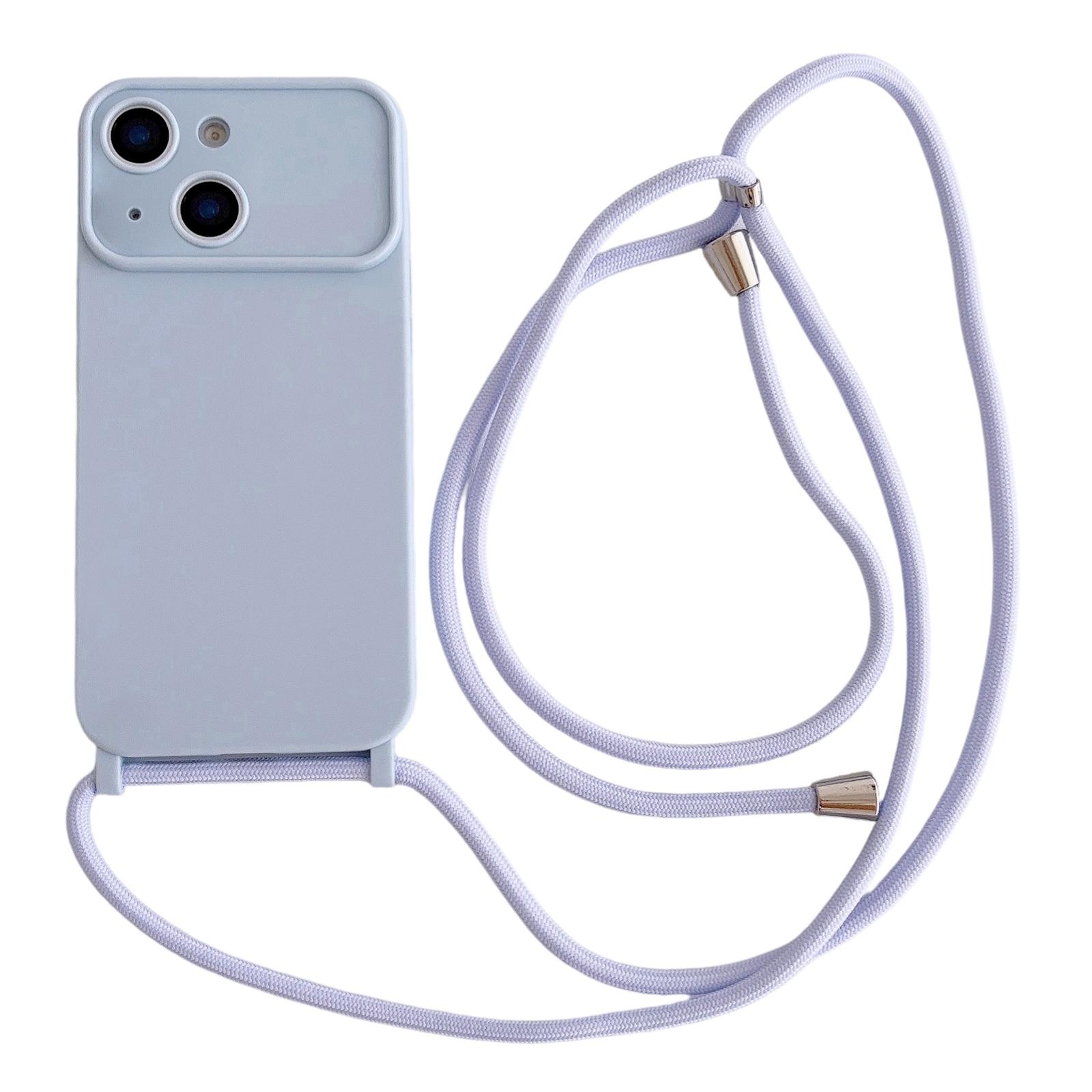 For iPhone 14 Large Camera Window Integrated Lanyard Holes Phone Case with Crossbody Thin Strap(Blue) - Shopkiz.com