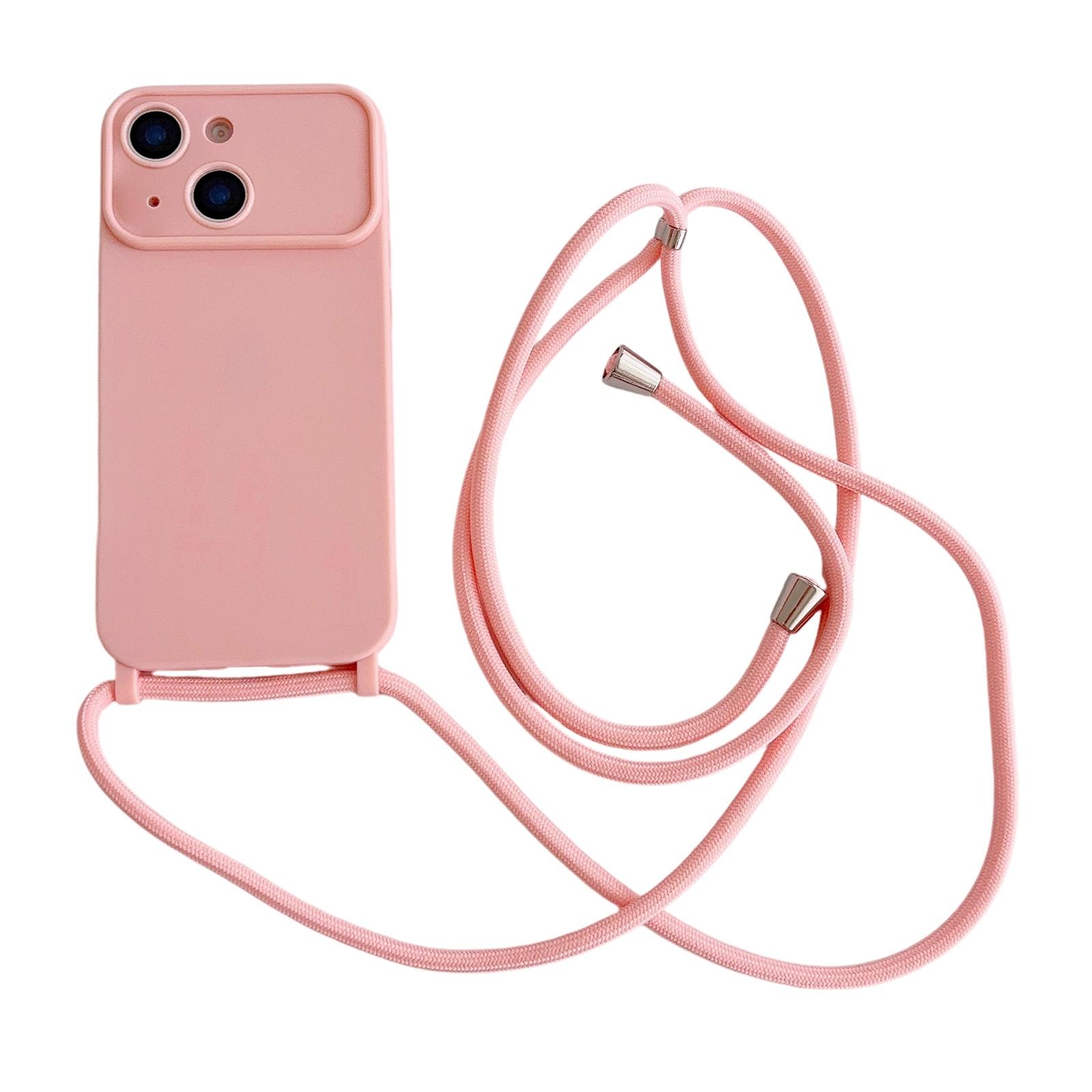 For iPhone 14 Large Camera Window Integrated Lanyard Holes Phone Case with Crossbody Thin Strap(Pink) - Shopkiz.com