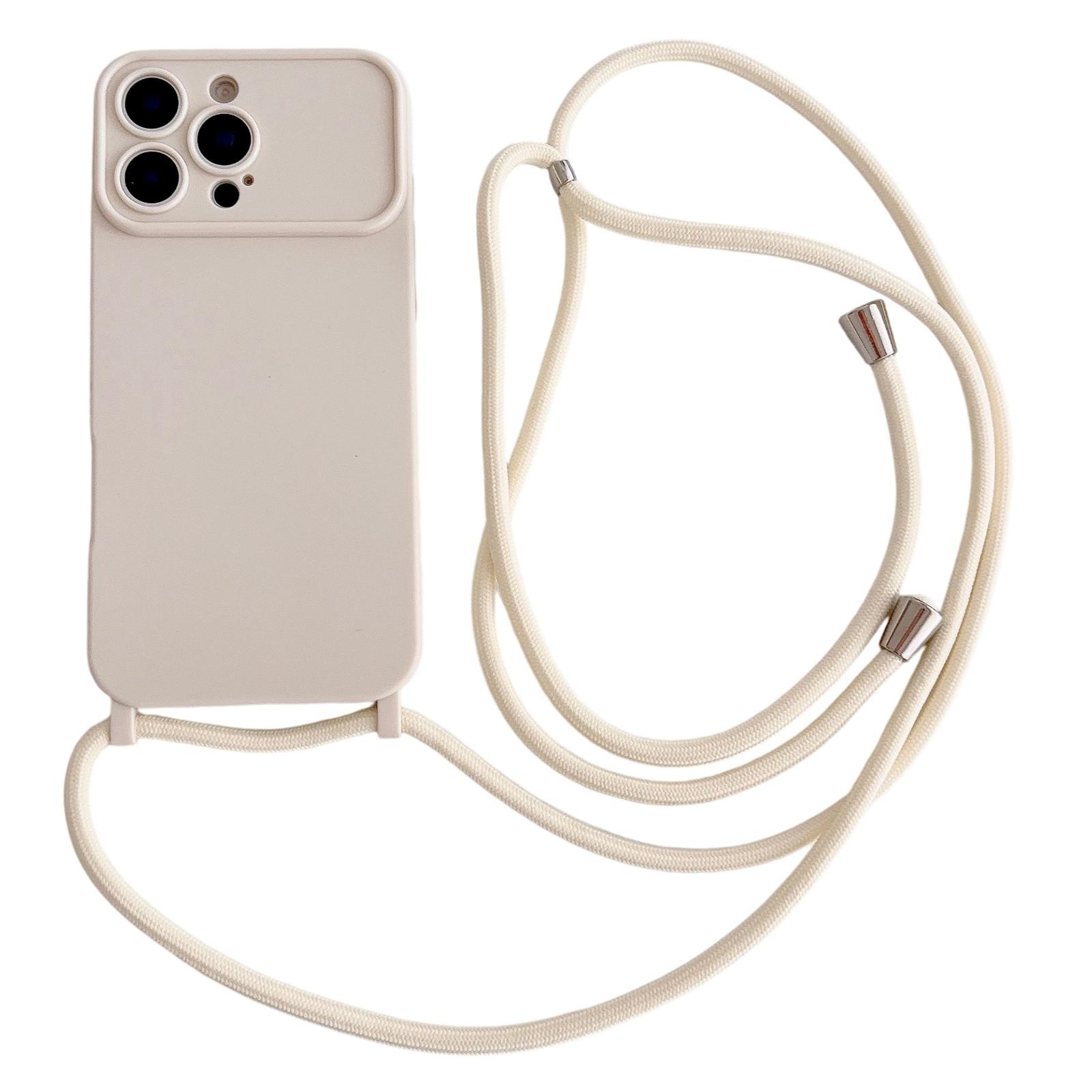 For iPhone 13 Pro Max Large Camera Window Integrated Lanyard Holes Phone Case with Crossbody Thin Strap(Beige) - Shopkiz.com