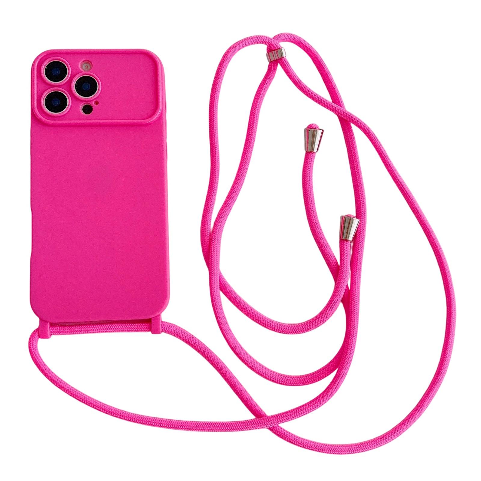 For iPhone 13 Pro Large Camera Window Integrated Lanyard Holes Phone Case with Crossbody Thin Strap(Rose Red) - Shopkiz.com
