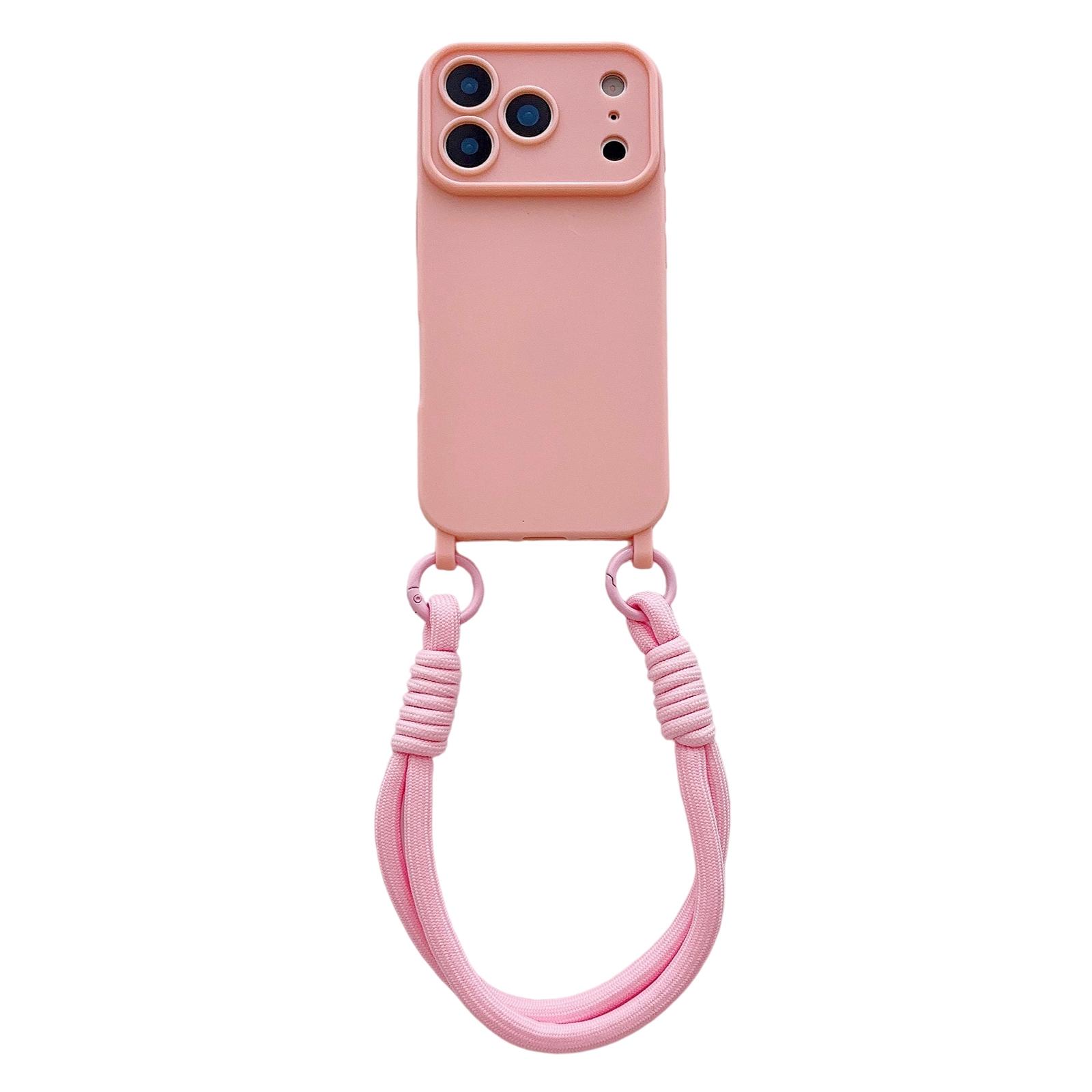 For iPhone 17 Pro Max Large Camera Window Integrated Lanyard Holes Phone Case with Hand Strap(Pink) - Shopkiz.com