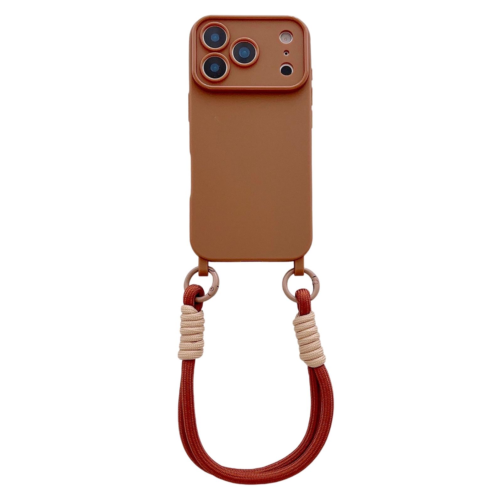 For iPhone 17 Pro Large Camera Window Integrated Lanyard Holes Phone Case with Hand Strap(Brown) - Shopkiz.com