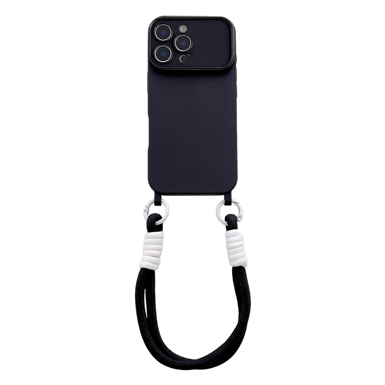 For iPhone 16 Pro Max Large Camera Window Integrated Lanyard Holes Phone Case with Hand Strap(Black) - Shopkiz.com