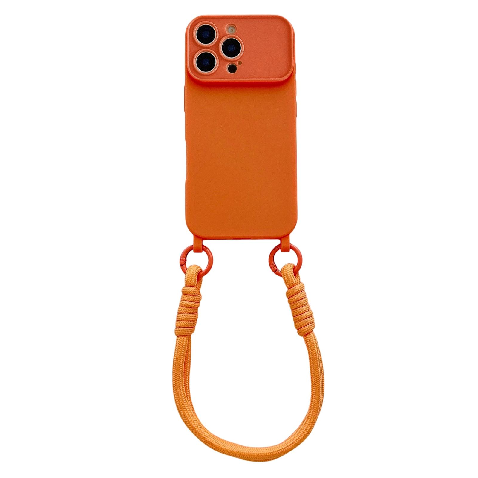 For iPhone 16 Pro Max Large Camera Window Integrated Lanyard Holes Phone Case with Hand Strap(Orange) - Shopkiz.com