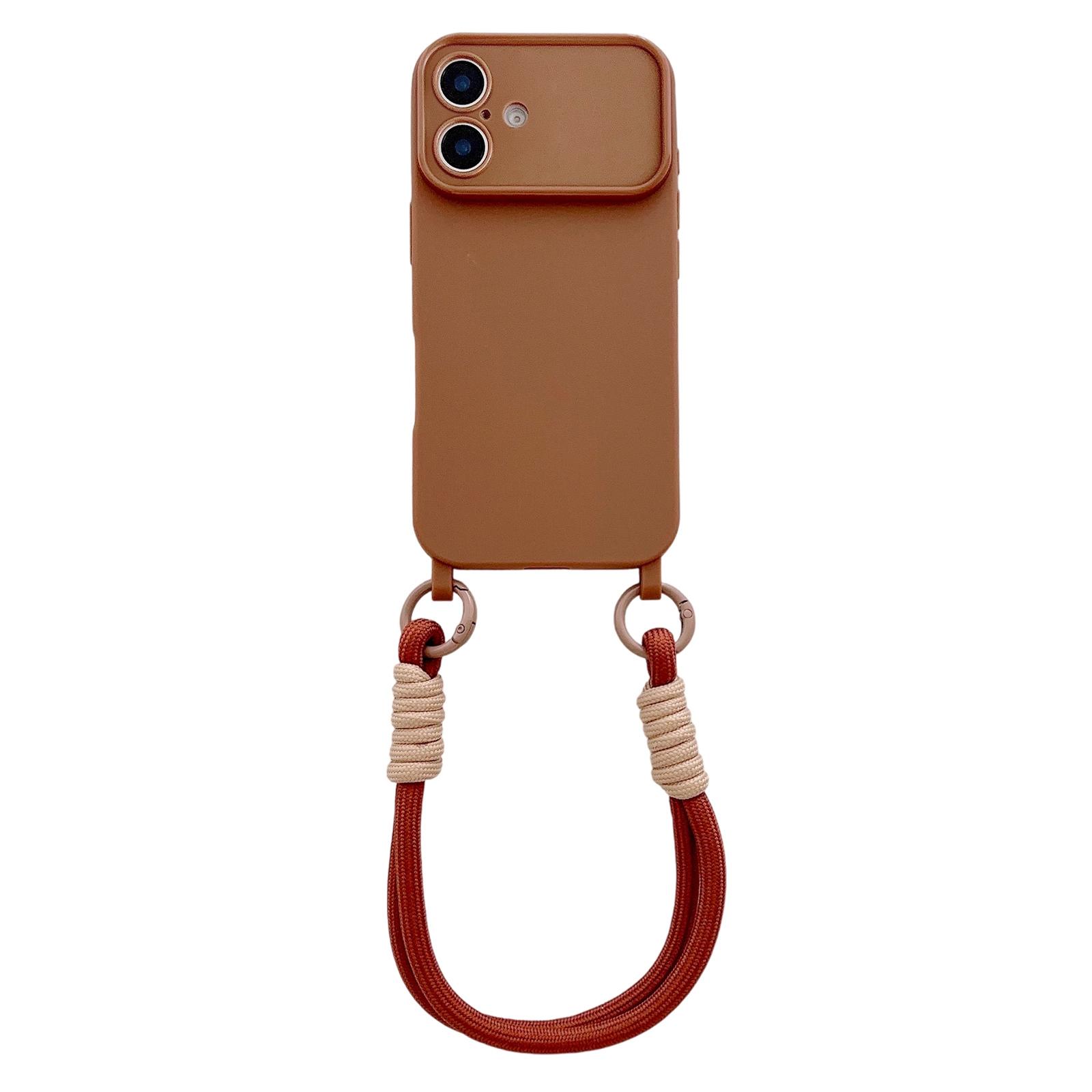 For iPhone 16 Large Camera Window Integrated Lanyard Holes Phone Case with Hand Strap(Brown) - Shopkiz.com