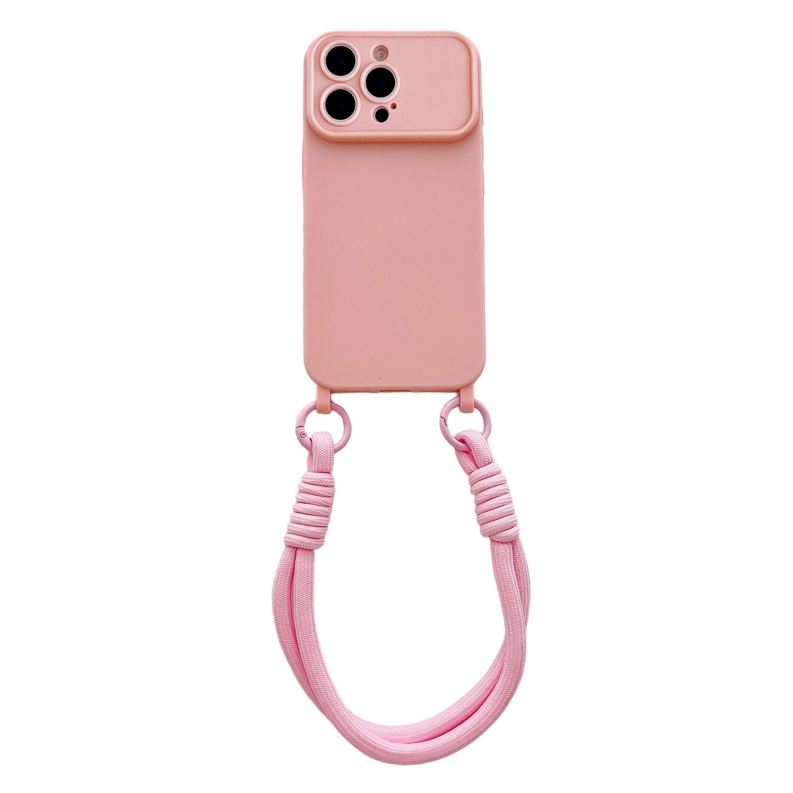 For iPhone 15 Pro Max Large Camera Window Integrated Lanyard Holes Phone Case with Hand Strap(Pink) - Shopkiz.com