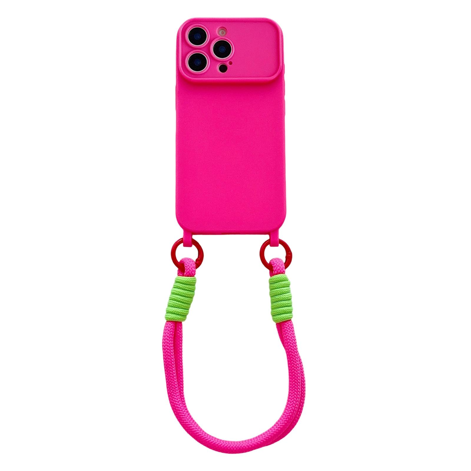 For iPhone 13 Pro Large Camera Window Integrated Lanyard Holes Phone Case with Hand Strap(Rose Red) - Shopkiz.com