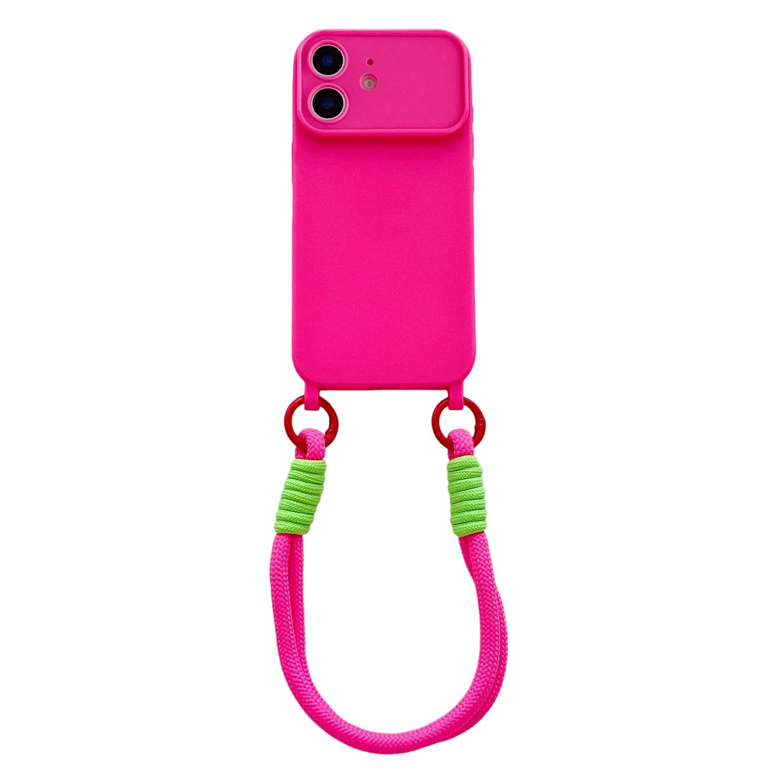 For iPhone 12 Large Camera Window Integrated Lanyard Holes Phone Case with Hand Strap(Rose Red) - Shopkiz.com