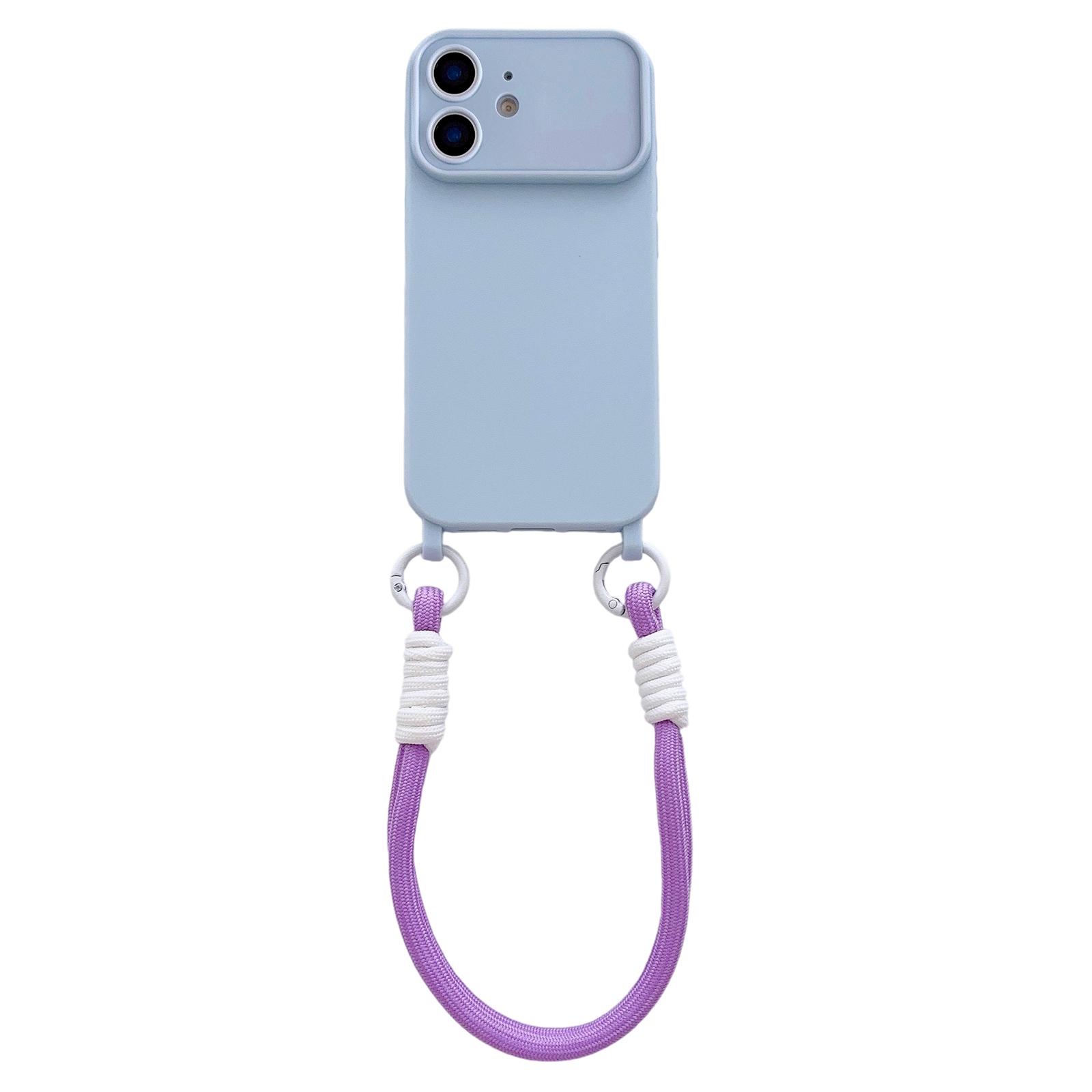 For iPhone 12 Large Camera Window Integrated Lanyard Holes Phone Case with Hand Strap(Blue) - Shopkiz.com