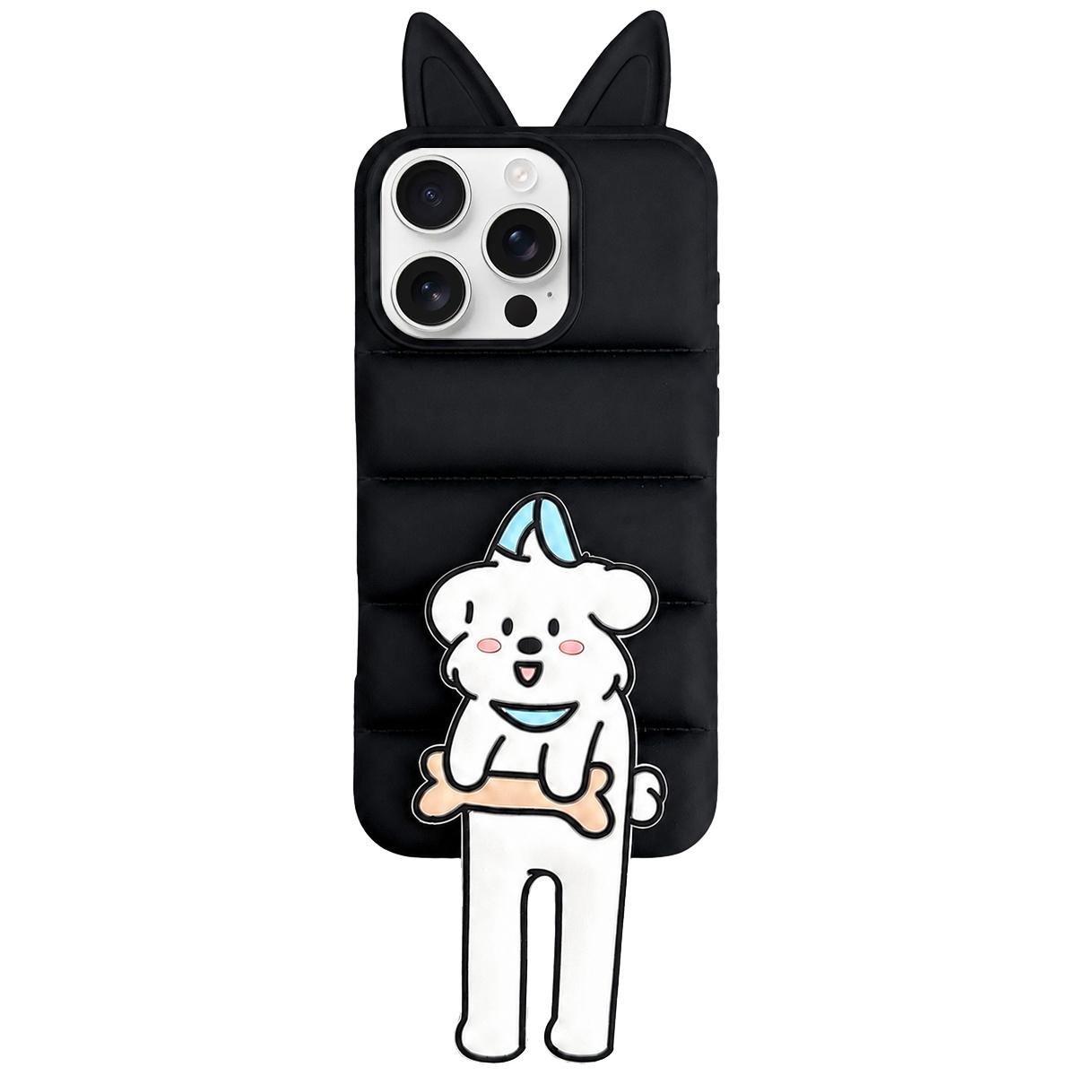 For iPhone 16 Pro Max Foxs Ears Eiderdown TPU Silicone Phone Case with Cartoon Cat Folding Holder(Black) - Shopkiz.com