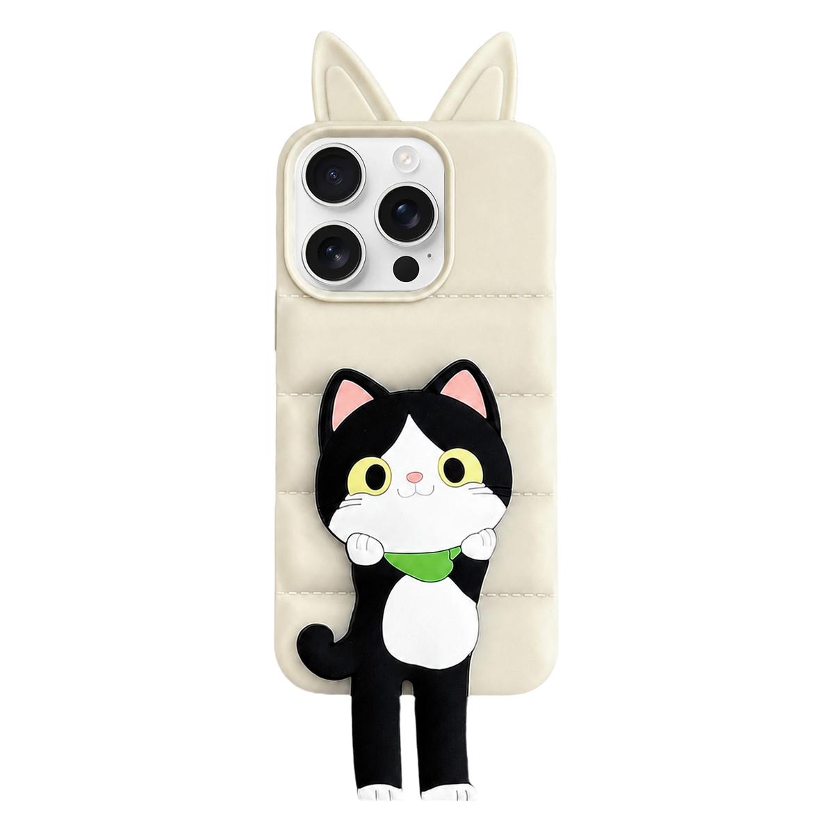 For iPhone 15 Pro Max Foxs Ears Eiderdown TPU Silicone Phone Case with Cartoon Cat Folding Holder(White) - Shopkiz.com