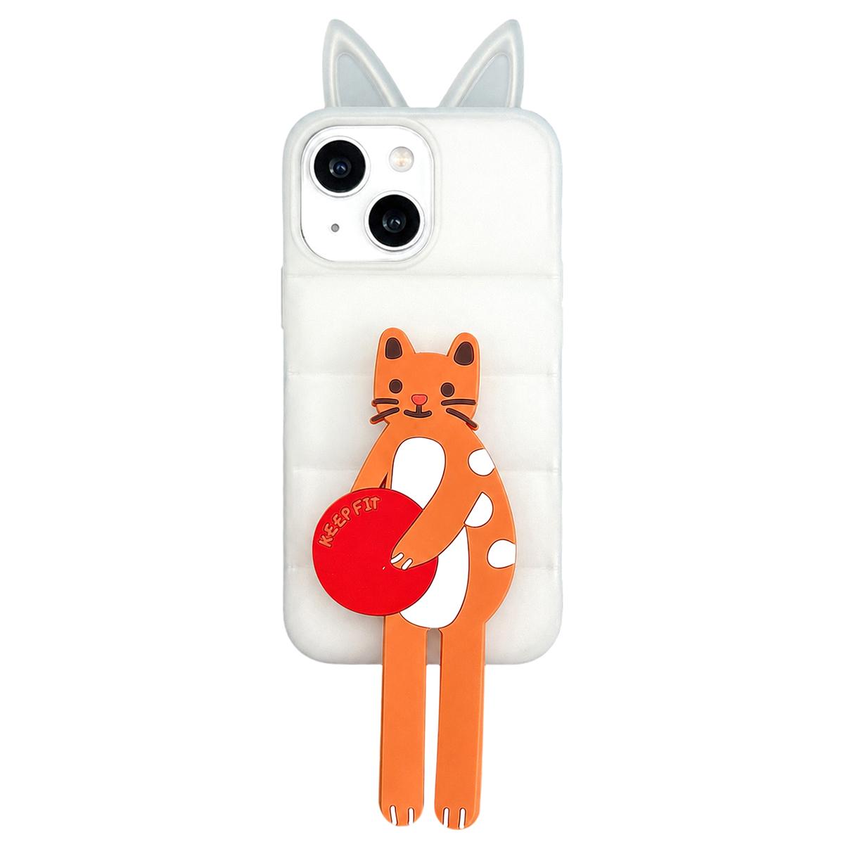 For iPhone 15 Foxs Ears Eiderdown TPU Silicone Phone Case with Cartoon Cat Folding Holder(Transparent) - Shopkiz.com