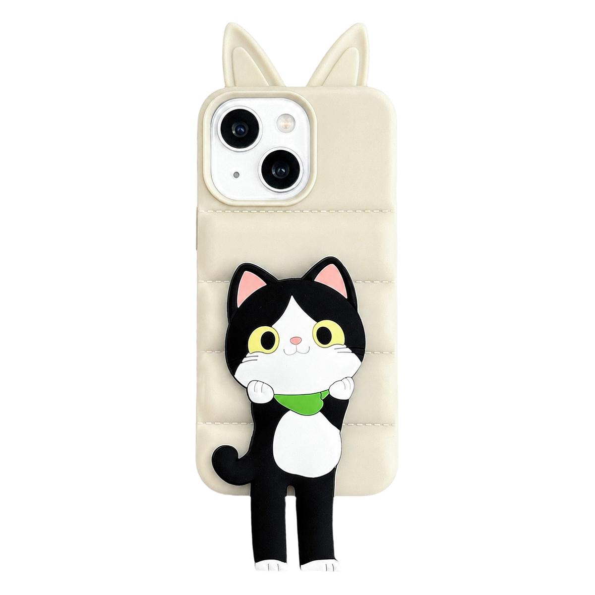 For iPhone 14 Foxs Ears Eiderdown TPU Silicone Phone Case with Cartoon Cat Folding Holder(White) - Shopkiz.com