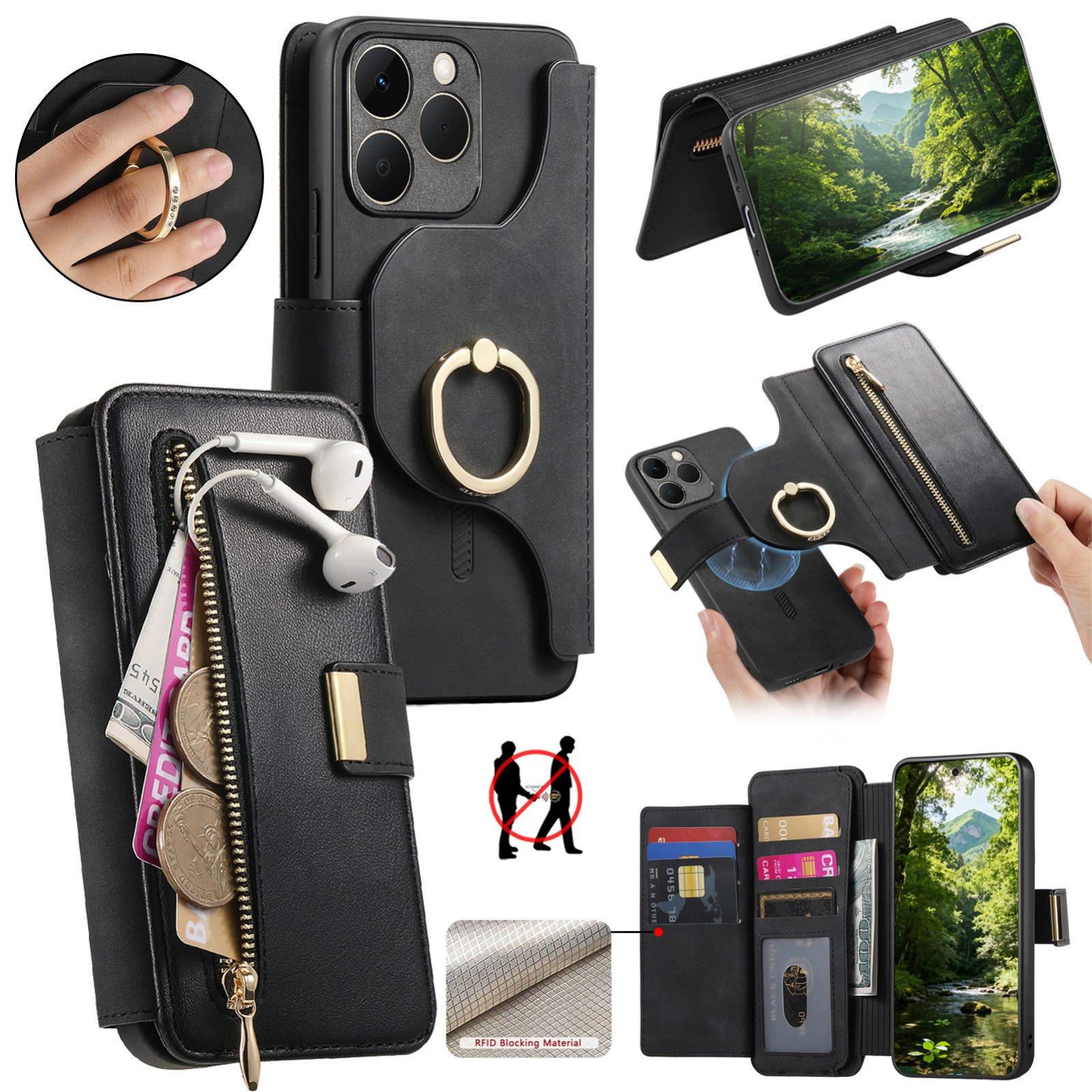 For Realme 15T 5G Ring Zipper Wallet RFID Blocking MagSafe Leather Phone Case(Black) - Shopkiz.com
