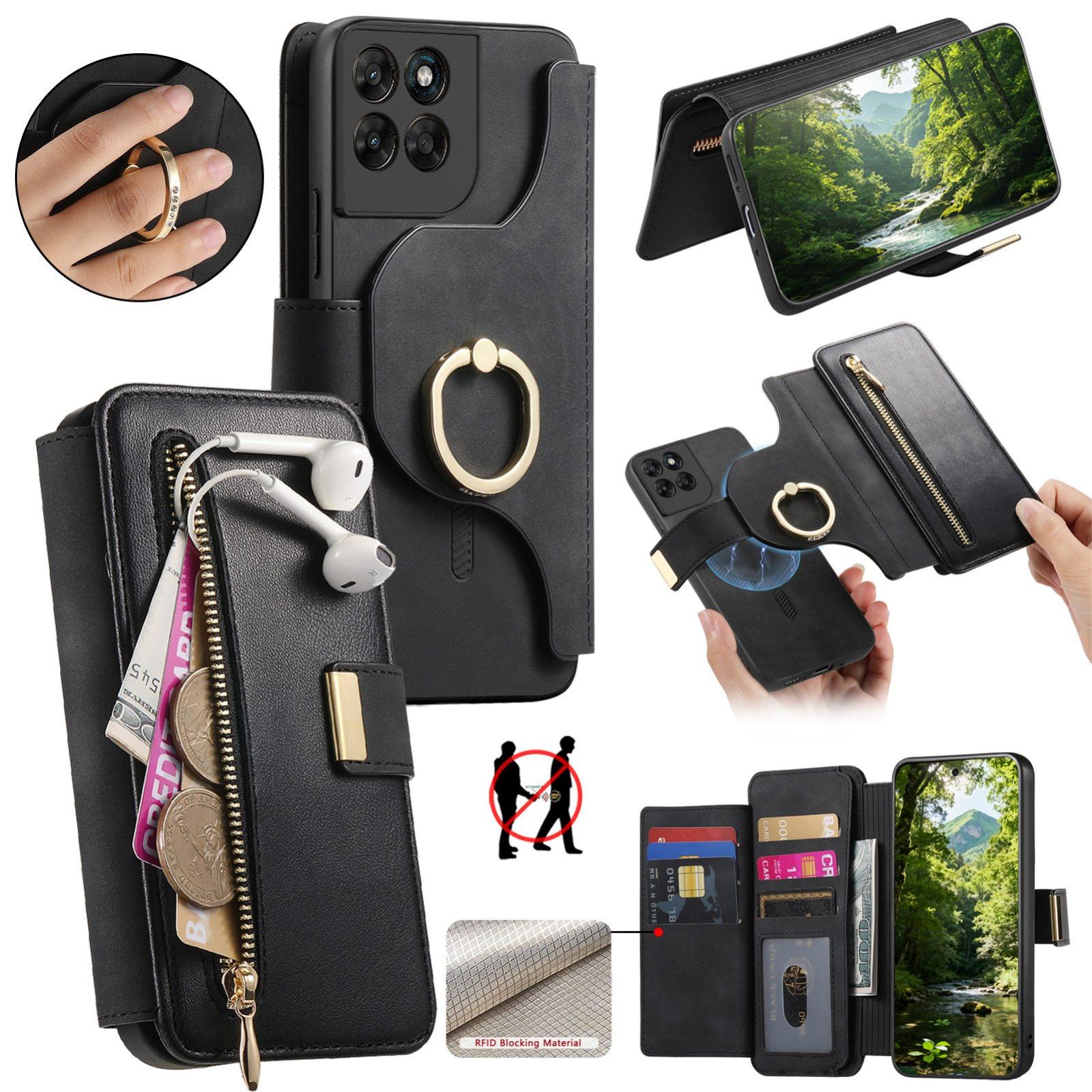 For Motorola Moto G67 5G Ring Zipper Wallet RFID Blocking MagSafe Leather Phone Case(Black) - Shopkiz.com