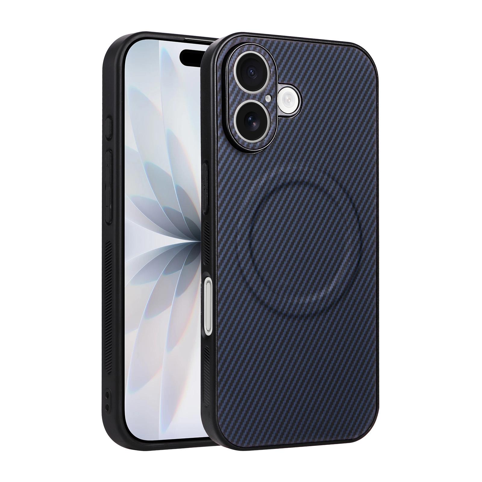For iPhone 16 Plus Precise Cutout Carbon Fiber Texture Vegan Leather Phone Case(Blue) - Shopkiz.com