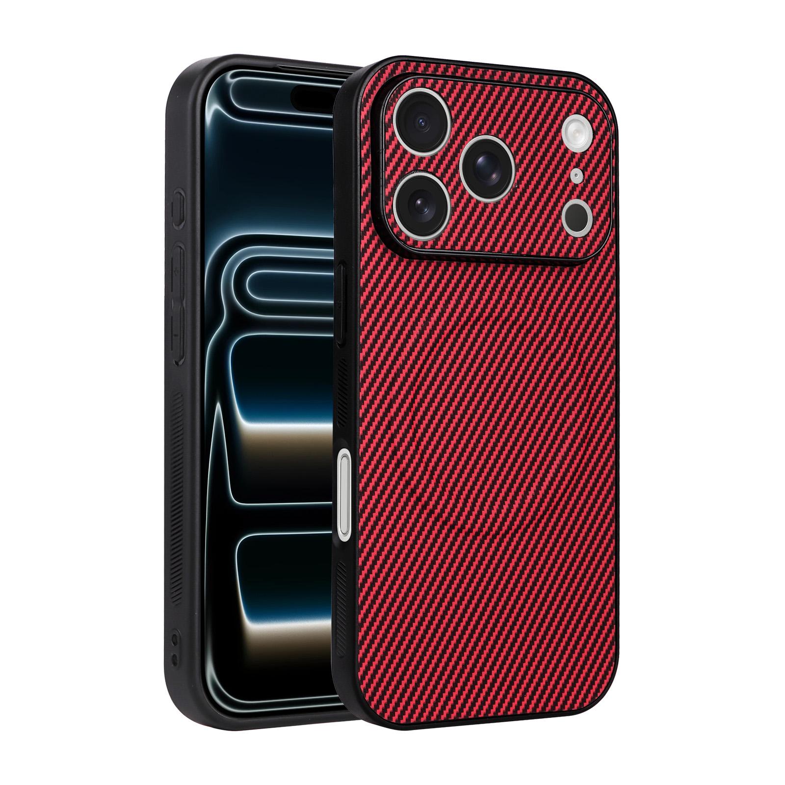 For iPhone 17 Pro Precise Cutout Carbon Fiber Texture Vegan Leather Phone Case(Red) - Shopkiz.com