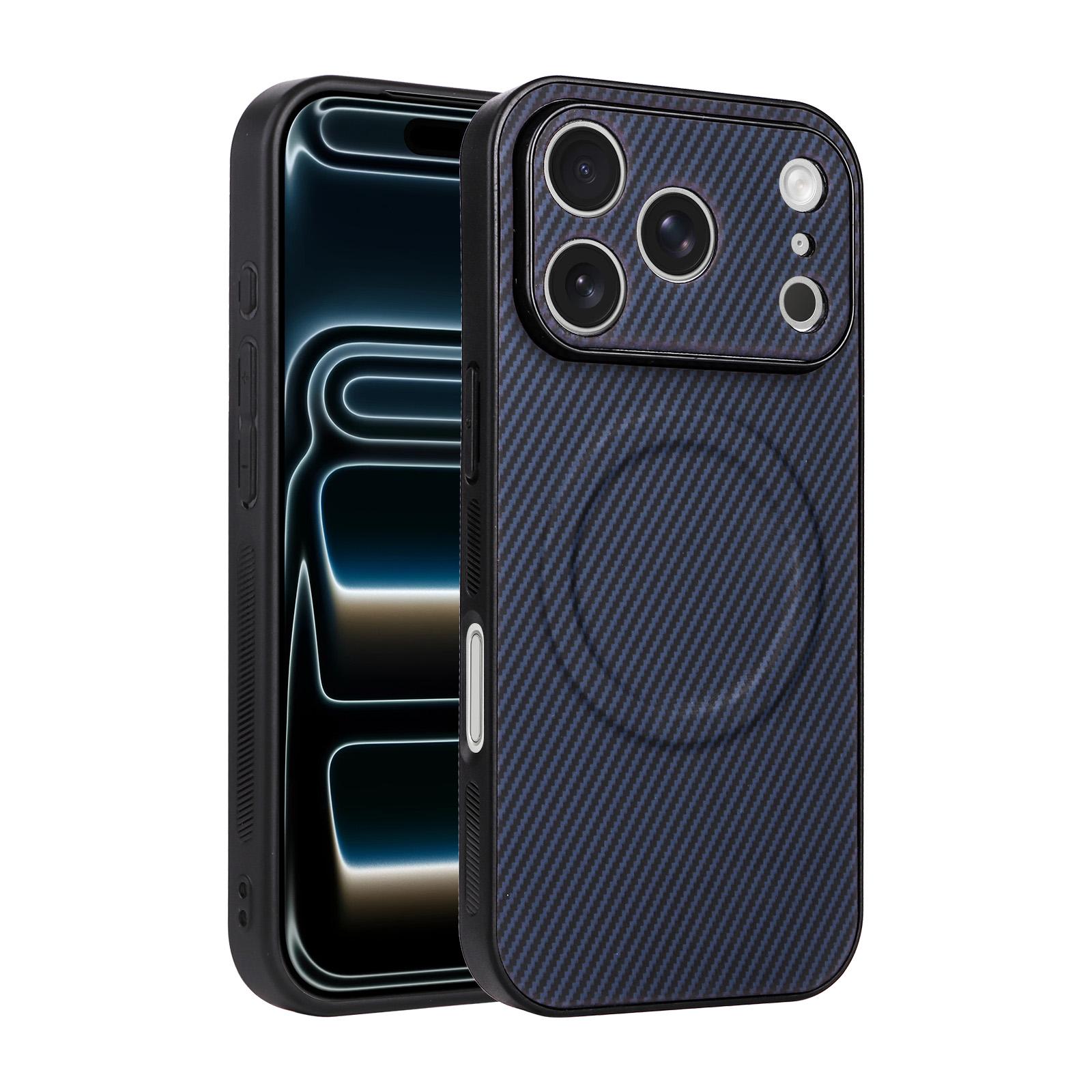For iPhone 17 Pro Precise Cutout Carbon Fiber Texture Vegan Leather Phone Case(Blue) - Shopkiz.com
