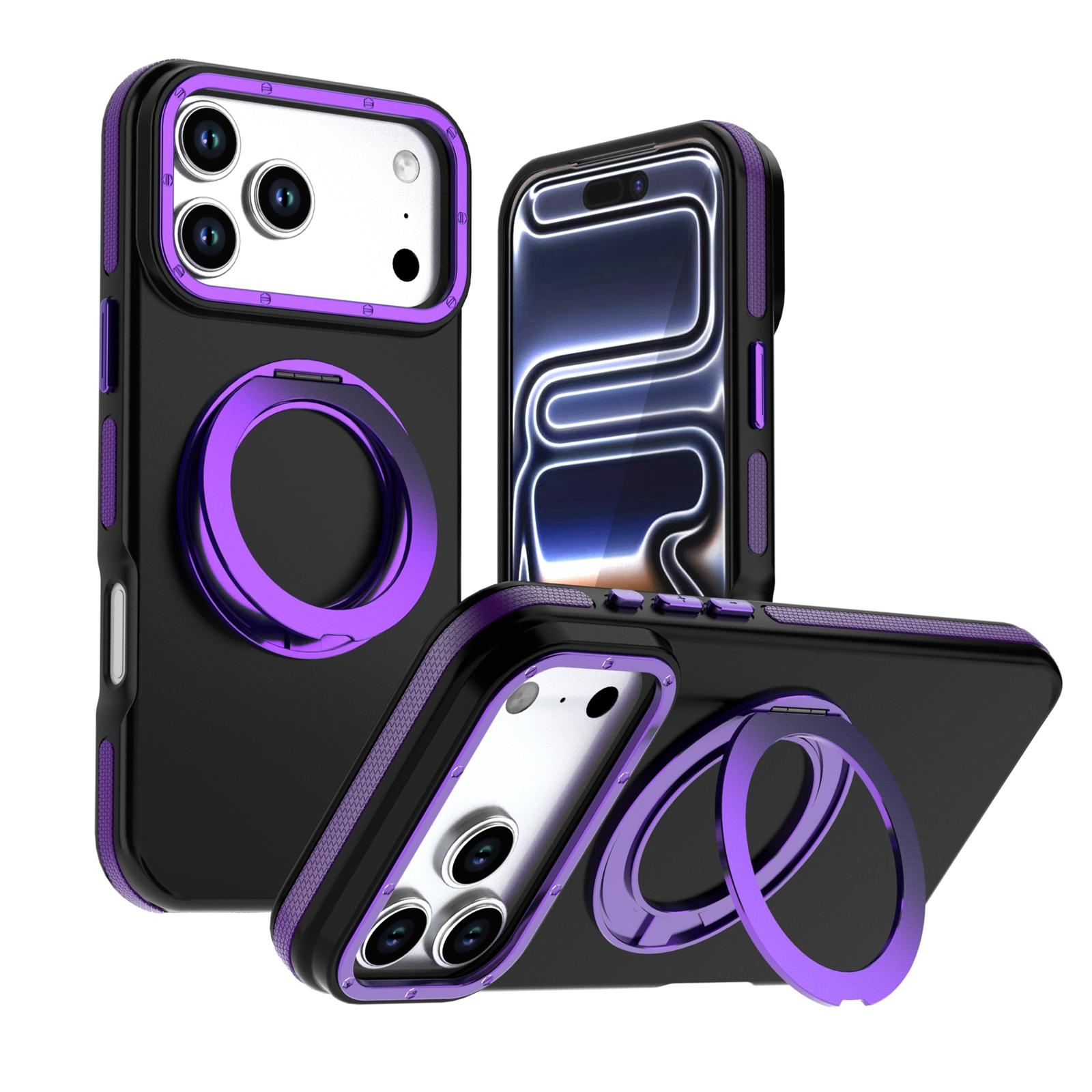 For iPhone 18 Pro Max Dual Color Skin Feel 360 Degree Rotation Holder Magnetic Phone Case(Purple) - Shopkiz.com