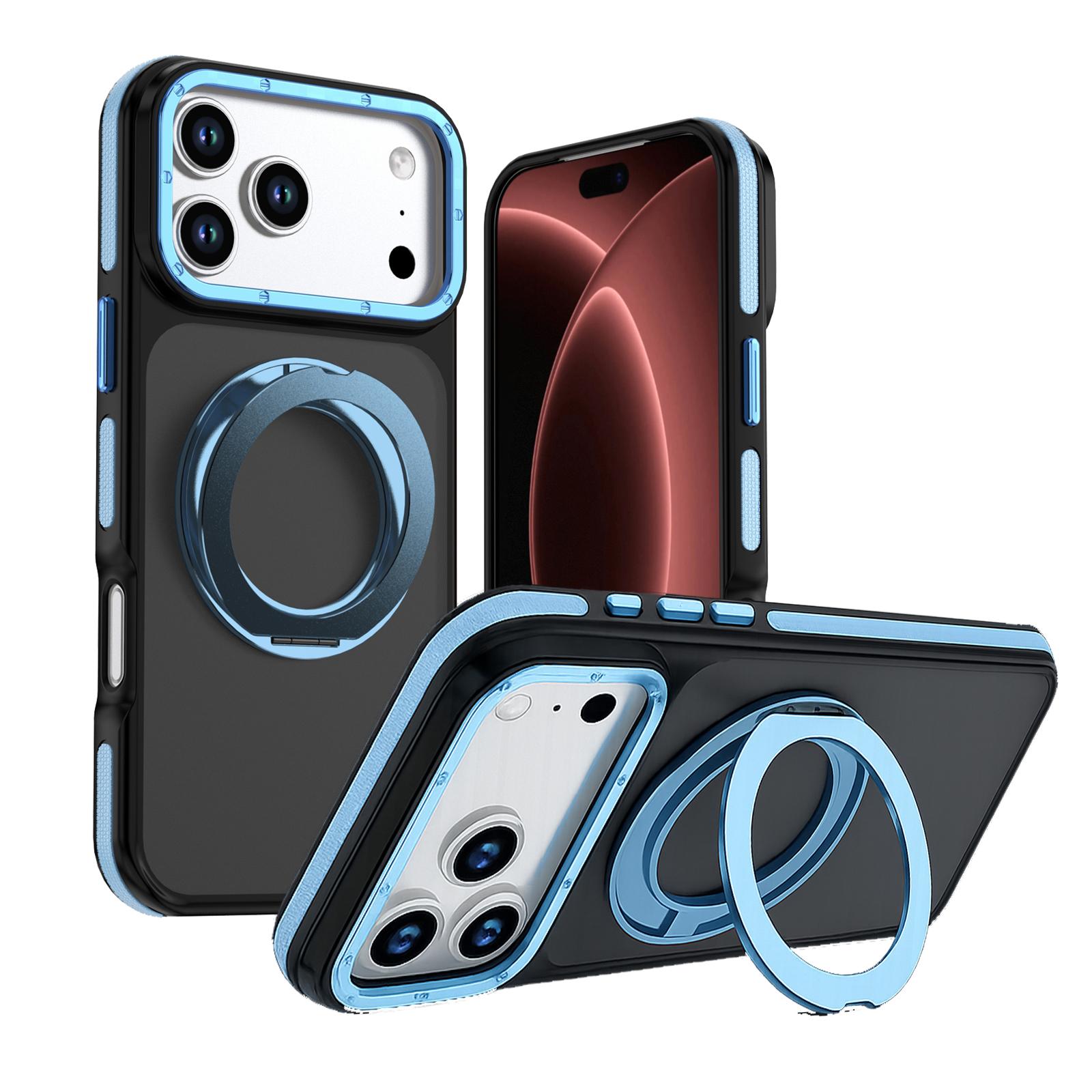 For iPhone 18 Pro Max Dual Color Skin Feel 360 Degree Rotation Holder Magnetic Phone Case(Blue) - Shopkiz.com