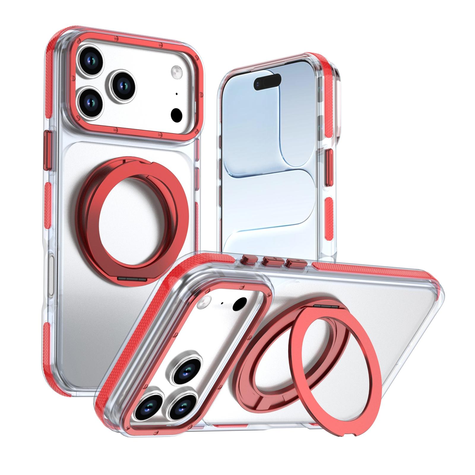 For iPhone 17 Pro Max Dual Color Clear 360 Degree Rotation Holder Magnetic Phone Case(Red) - Shopkiz.com