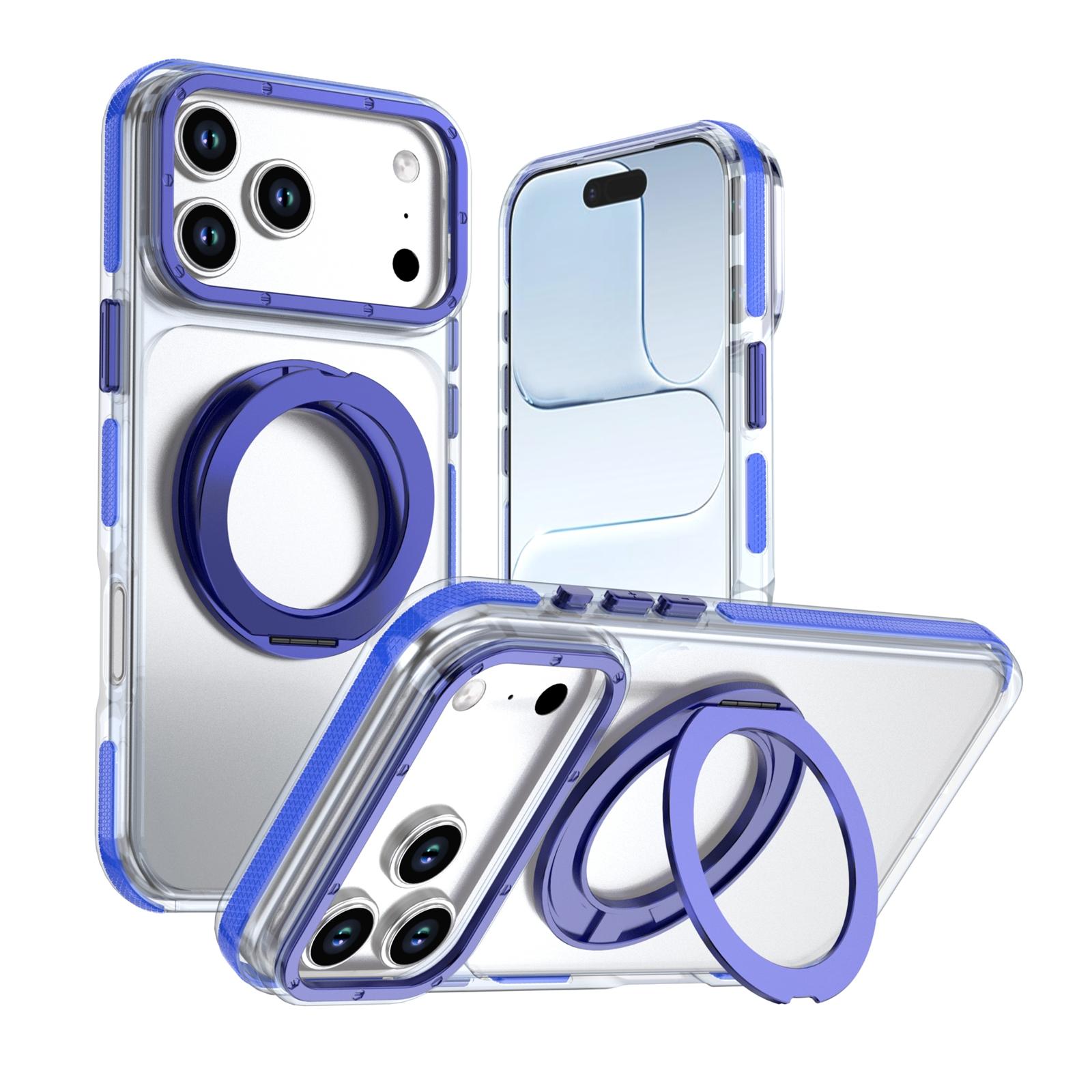 For iPhone 17 Pro Max Dual Color Clear 360 Degree Rotation Holder Magnetic Phone Case(Dark Blue) - Shopkiz.com