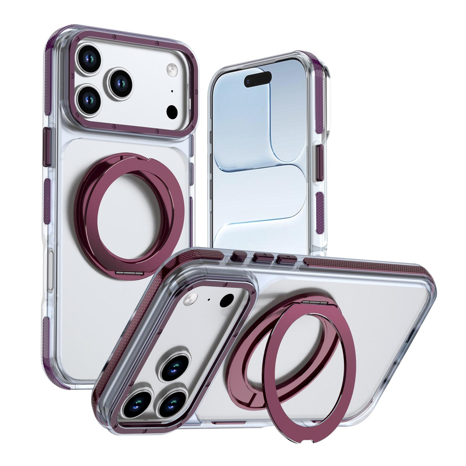 For iPhone 17 Pro Max Dual Color Clear 360 Degree Rotation Holder Magnetic Phone Case(Cherry Red) - Shopkiz.com