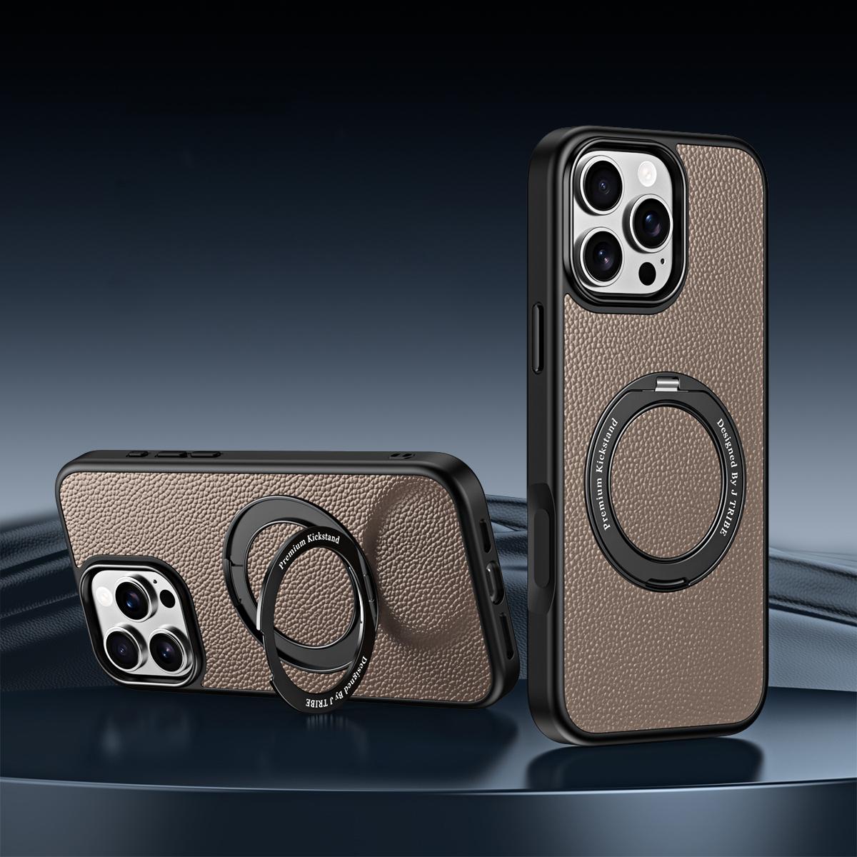 For iPhone 15 Pro 360 Degree Rotation Holder Magnetic Vegan Leather Phone Case(Truffle Brown) - Shopkiz.com
