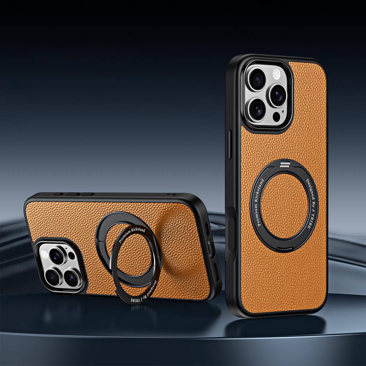 For iPhone 15 Pro Max 360 Degree Rotation Holder Magnetic Vegan Leather Phone Case(Amber Brown) - Shopkiz.com