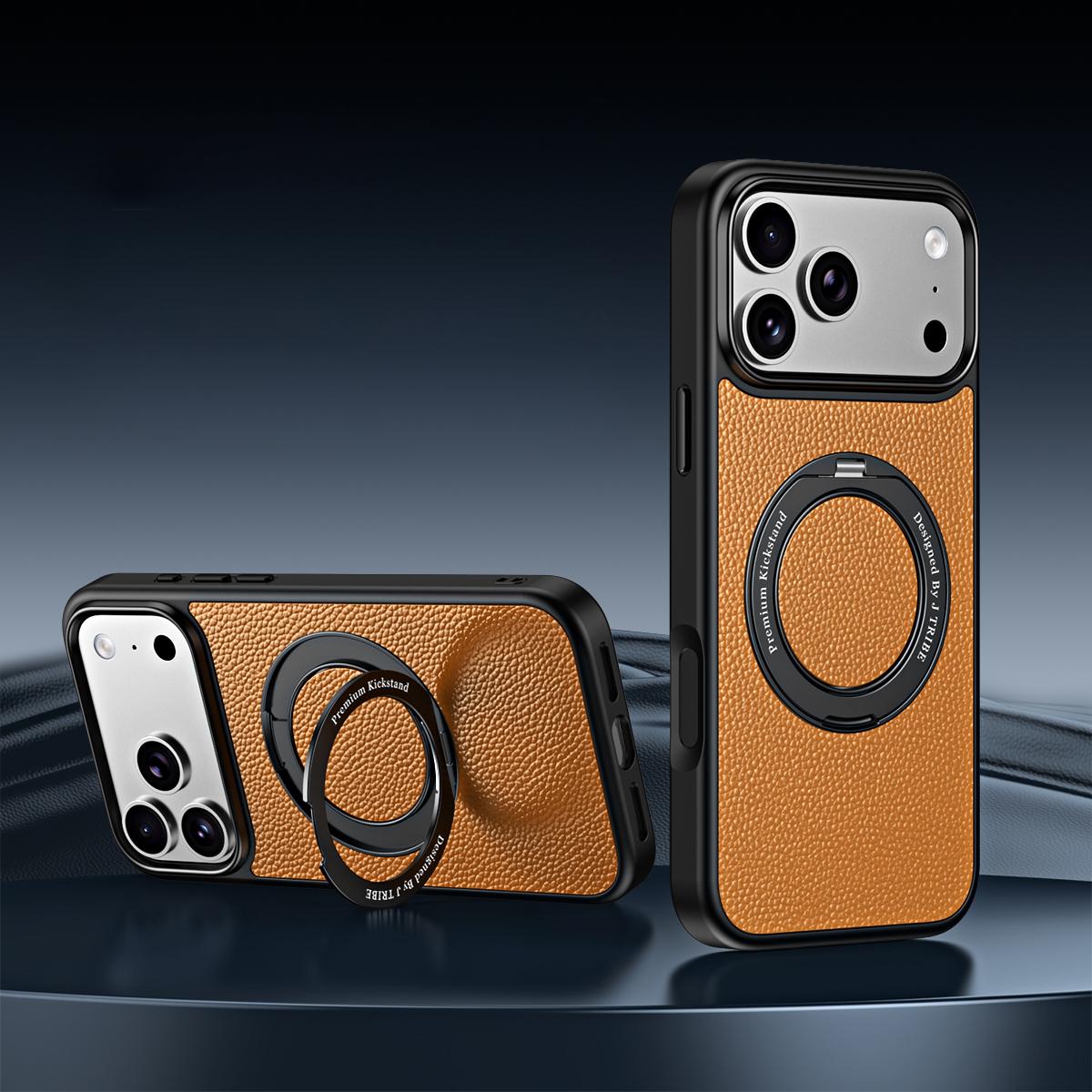 For iPhone 17 Pro Max 360 Degree Rotation Holder Magnetic Vegan Leather Phone Case(Amber Brown) - Shopkiz.com