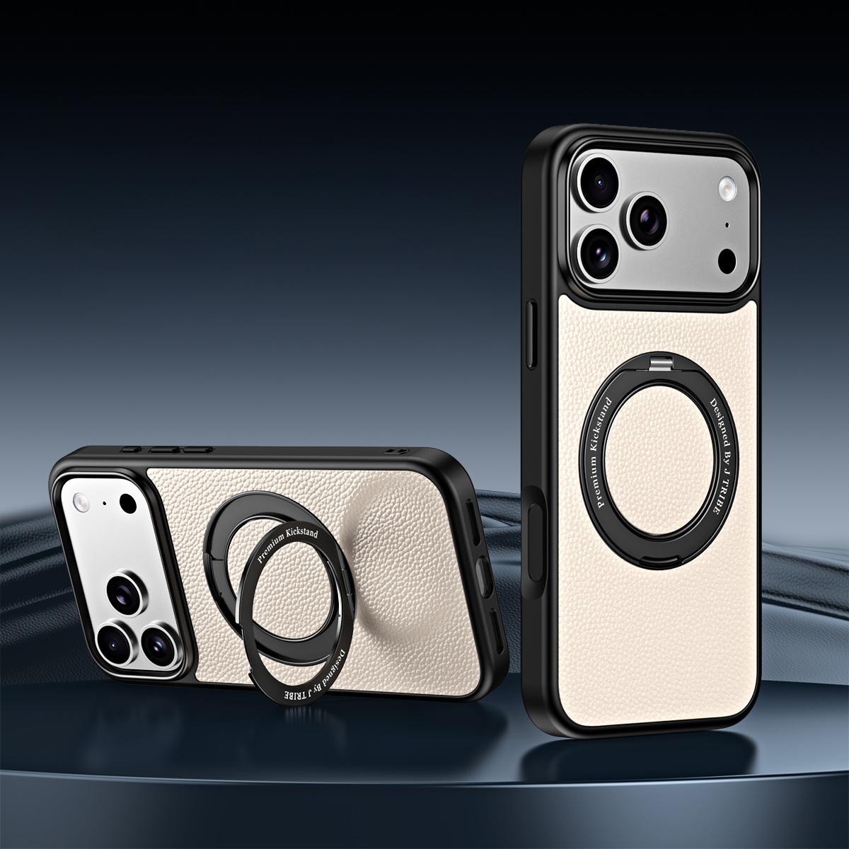 For iPhone 17 Pro Max 360 Degree Rotation Holder Magnetic Vegan Leather Phone Case(Cream White) - Shopkiz.com