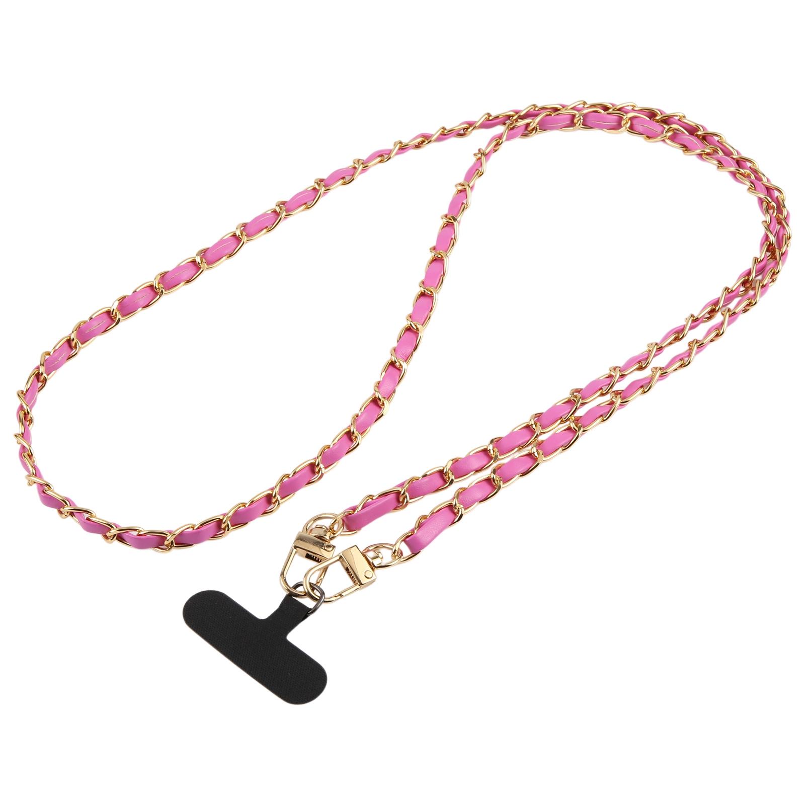 Adjustable Crossbody Phone Lanyard Faux Leather Metal Chain with Tether Pad, Length:120cm(Rose Red) - Shopkiz.com