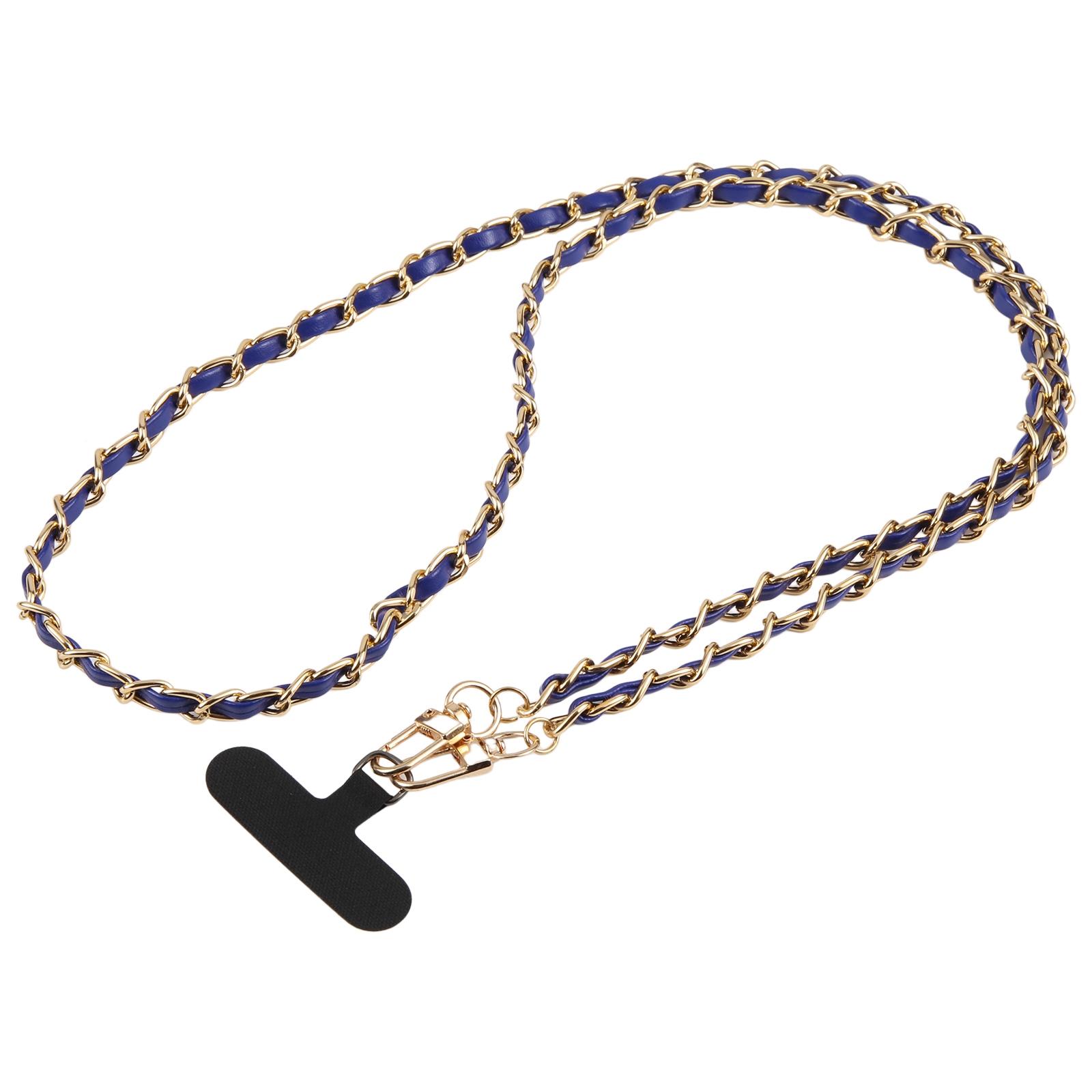 Adjustable Crossbody Phone Lanyard Faux Leather Metal Chain with Tether Pad, Length:120cm(Dark Blue) - Shopkiz.com
