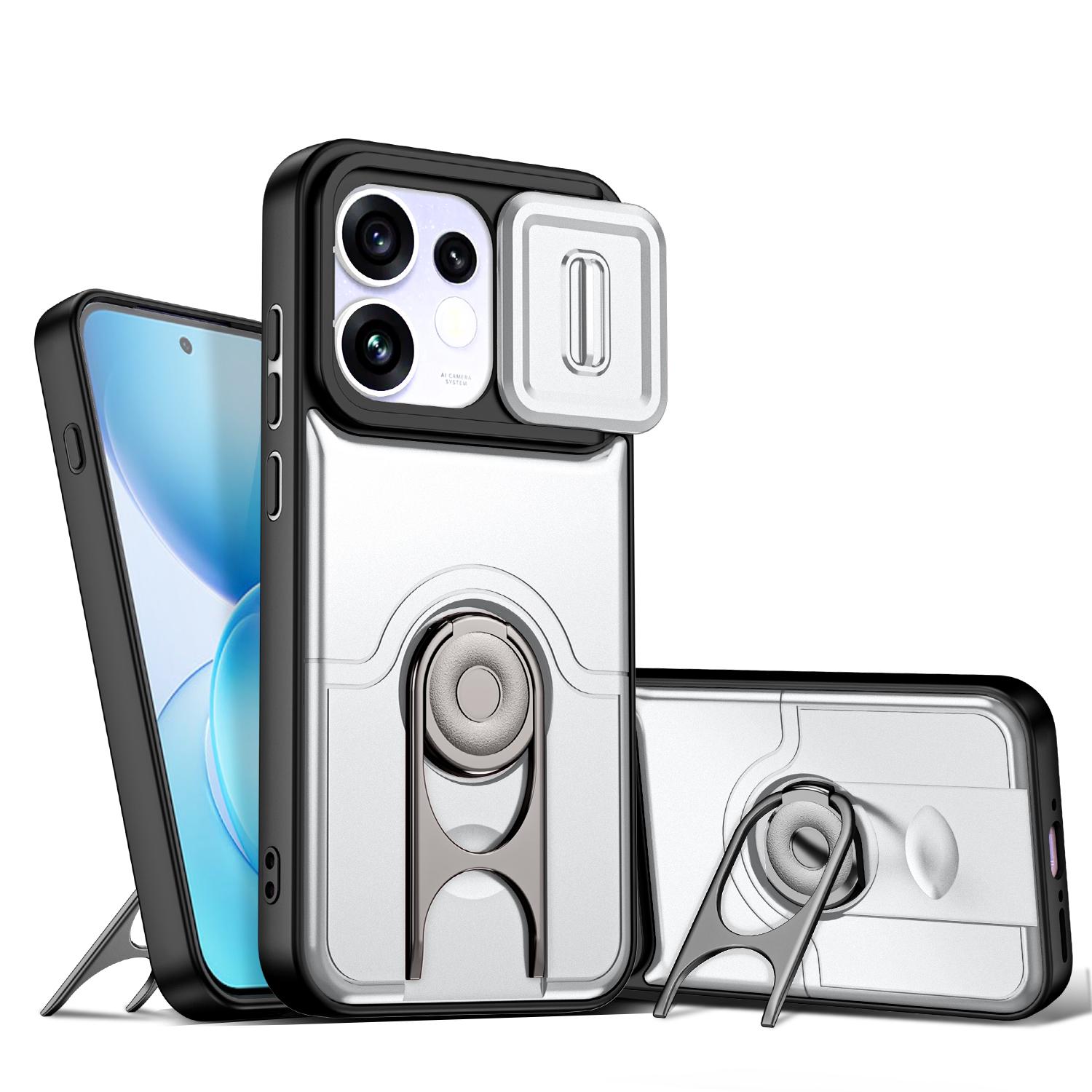For OPPO Reno16 5G Global Sliding Camera Cover 2 in 1 Rotating Holder Air Bag Shockproof Phone Case(Silvery) - Shopkiz.com