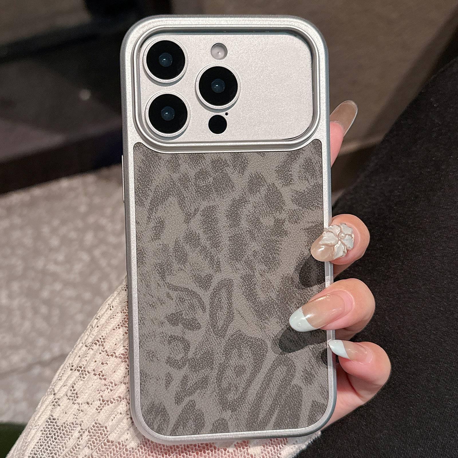 For iPhone 16 Pro Max Leopard Print Electroplated Large Window Phone Case(Dark Grey) - Shopkiz.com