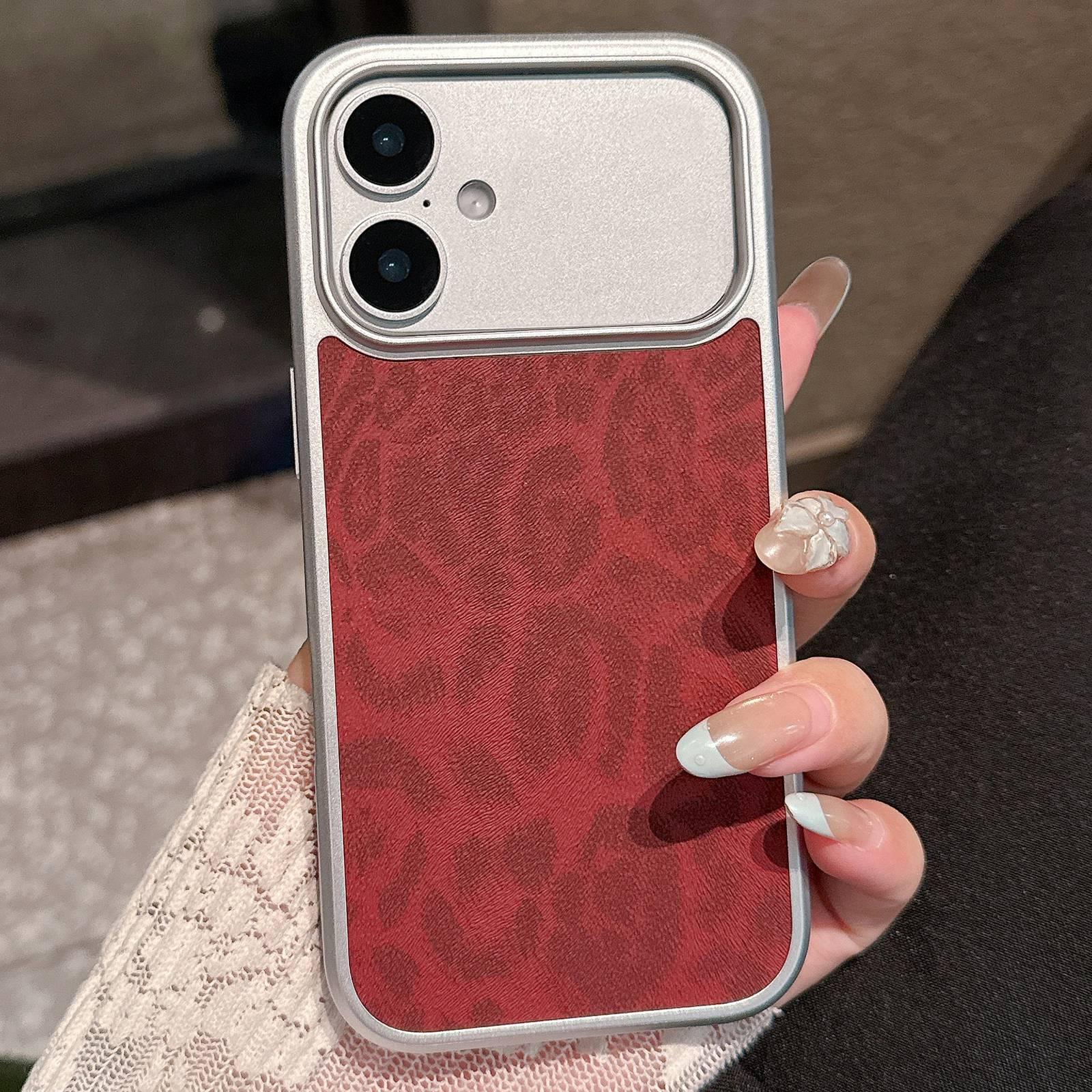 For iPhone 16 Leopard Print Electroplated Large Window Phone Case(Dark Red) - Shopkiz.com
