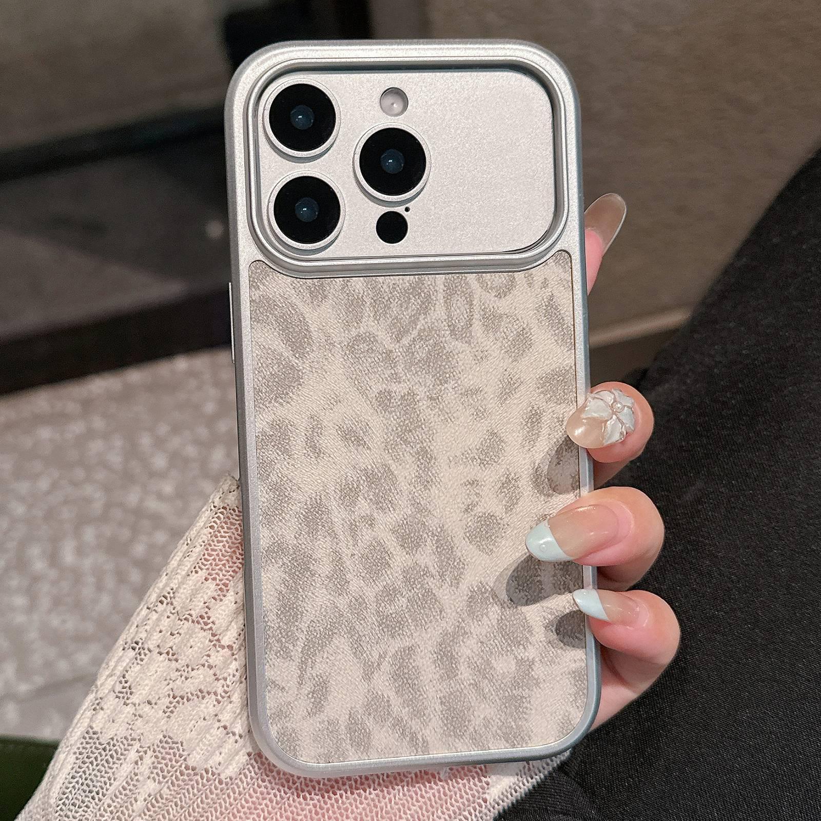 For iPhone 15 Pro Leopard Print Electroplated Large Window Phone Case(Light Grey) - Shopkiz.com