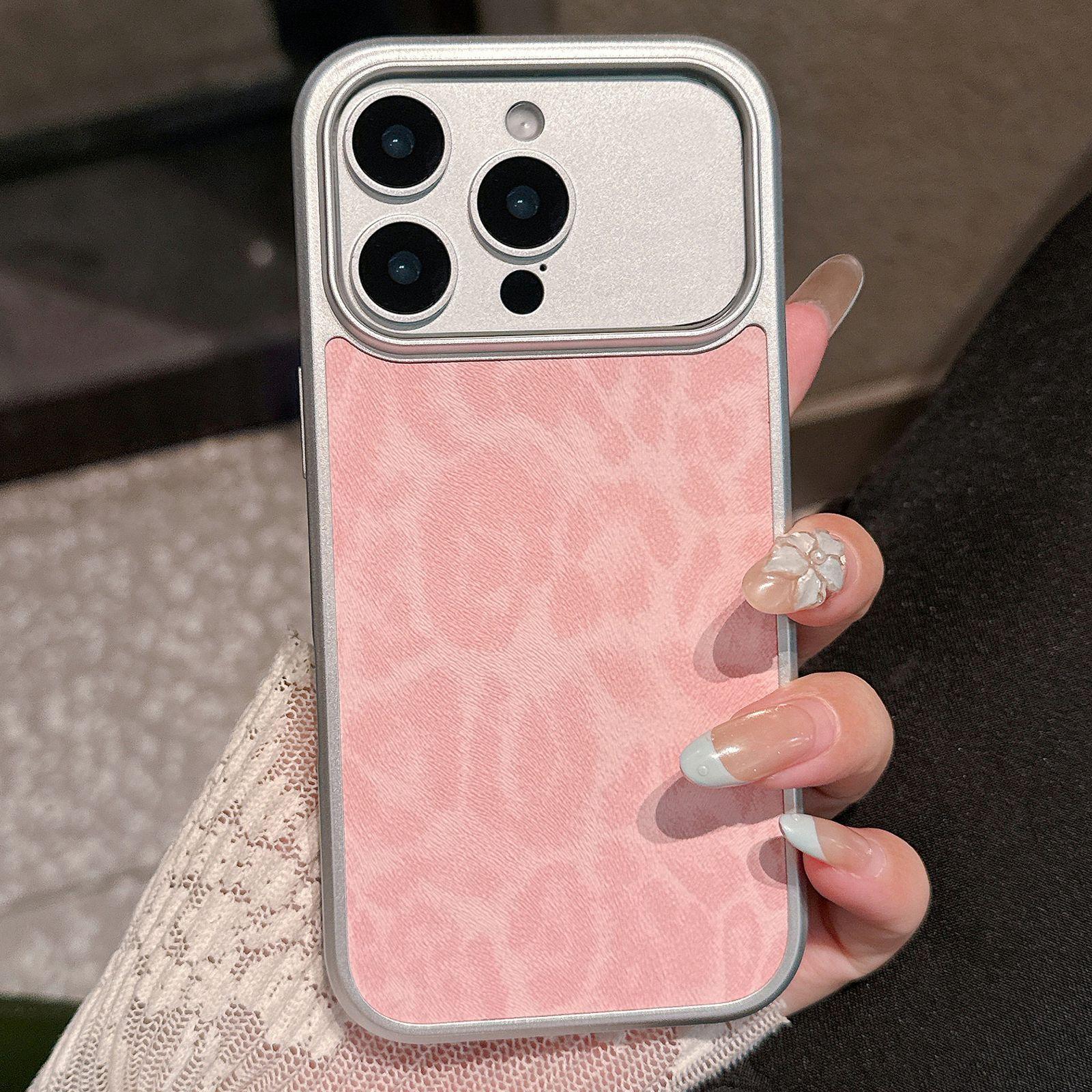 For iPhone 14 Pro Max Leopard Print Electroplated Large Window Phone Case(Pink) - Shopkiz.com