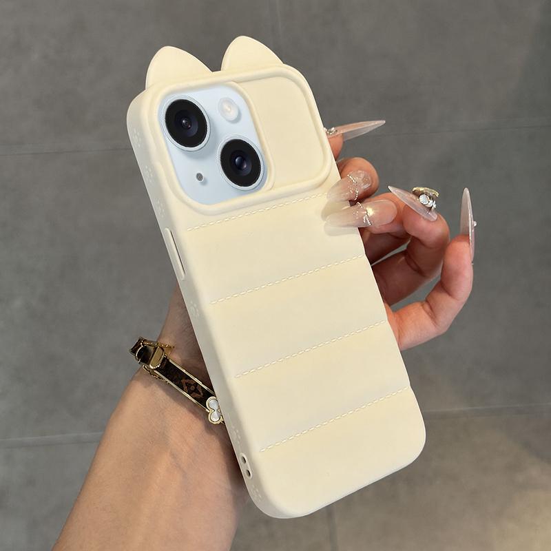 For iPhone 15 Cute 3D Cat Ear Silicone Shockproof Phone Case(White) - Shopkiz.com