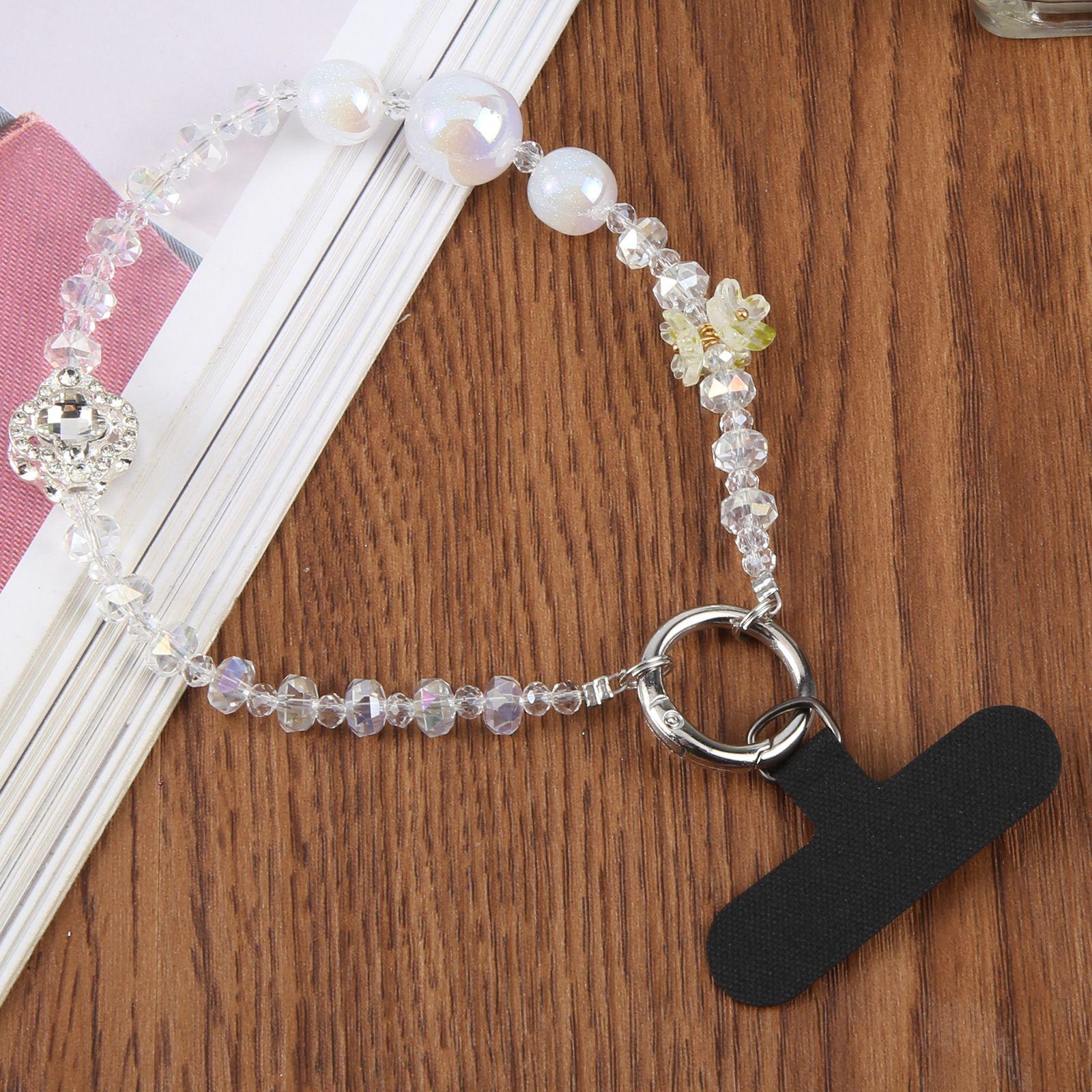 Four-Leaf Clover Beaded Phone Charm Wrist Strap with Tether Pad for Women Girls(White) - Shopkiz.com