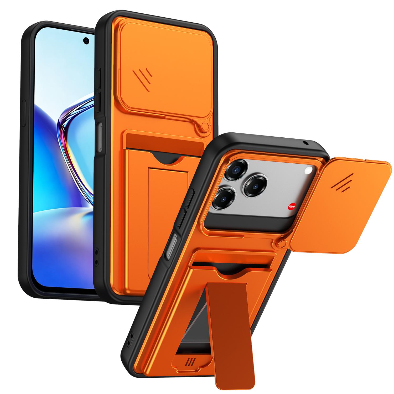 For ZTE Blade V80 / V80 Pro / V80 Design Card Holder Series Sliding Lens Cover PC Hybrid TPU Phone Case(Orange) - Shopkiz.com