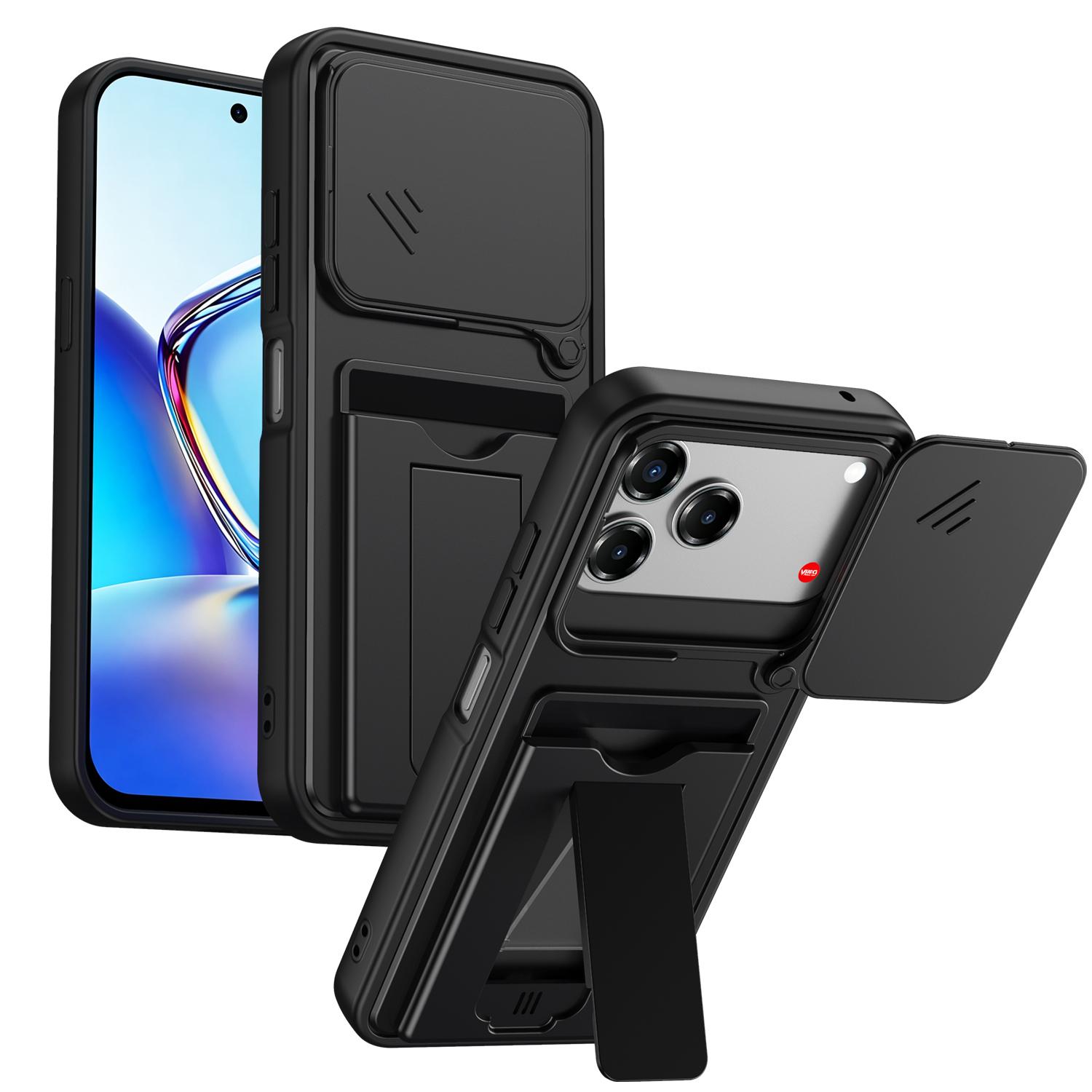 For ZTE Blade V80 / V80 Pro / V80 Design Card Holder Series Sliding Lens Cover PC Hybrid TPU Phone Case(Black) - Shopkiz.com