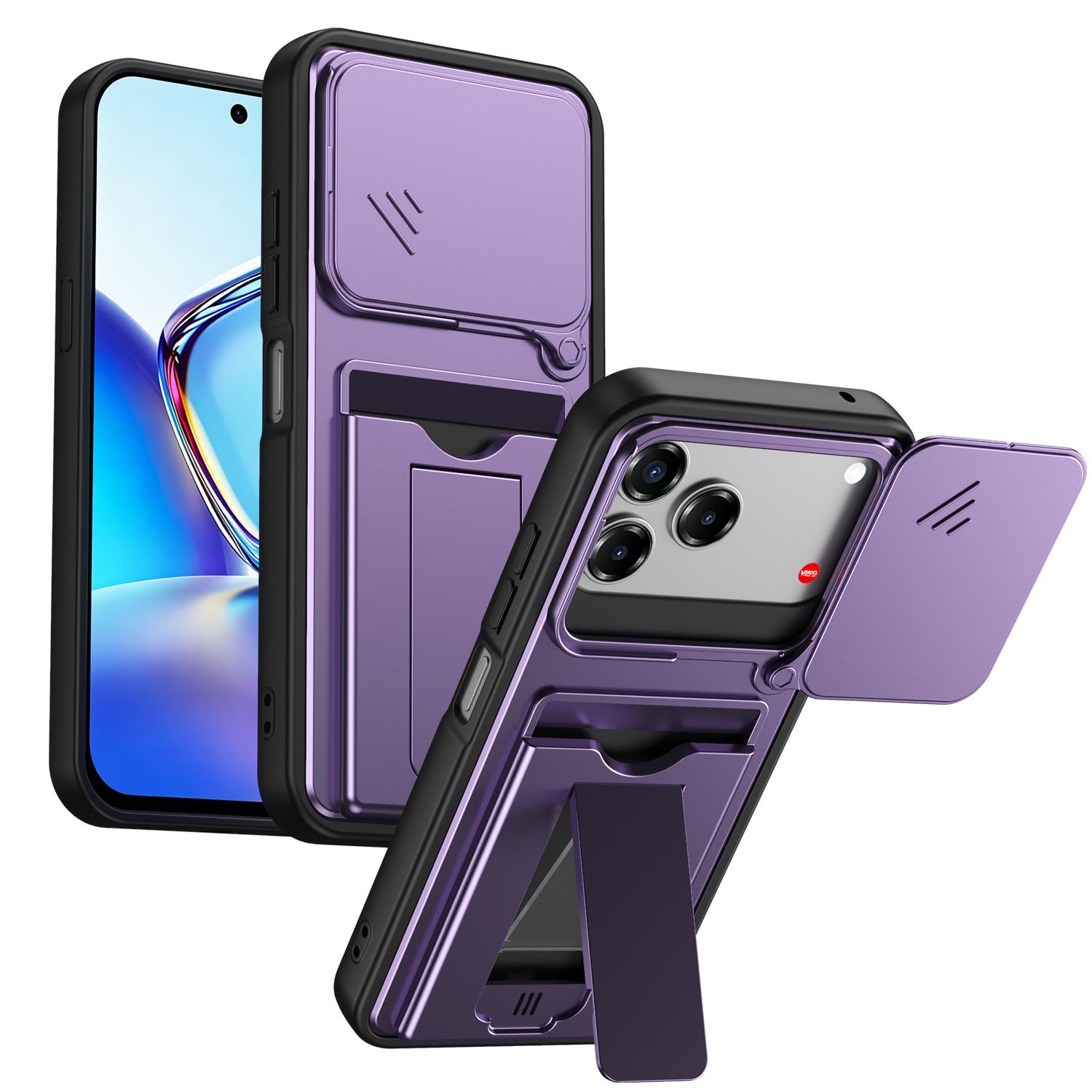 For ZTE Blade V80 / V80 Pro / V80 Design Card Holder Series Sliding Lens Cover PC Hybrid TPU Phone Case(Purple) - Shopkiz.com