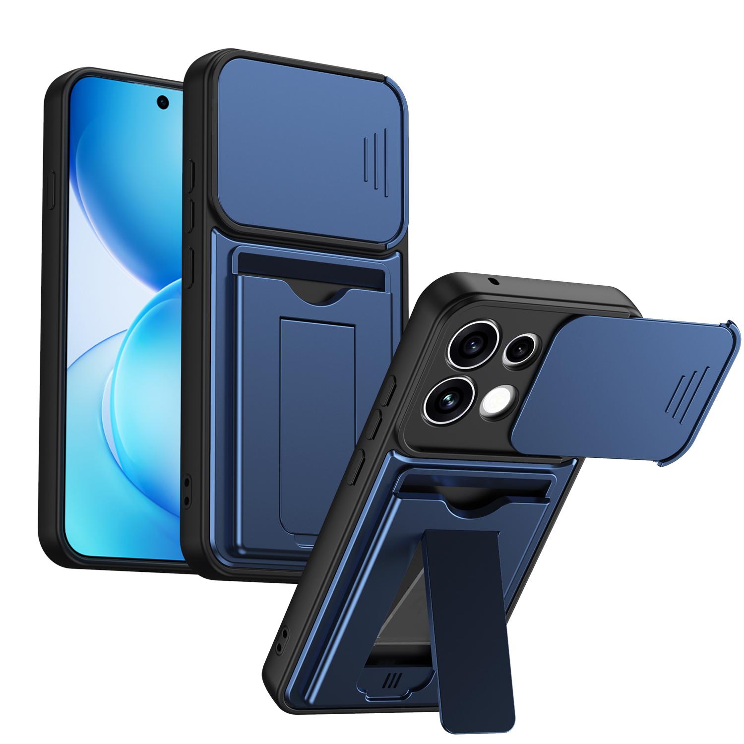 For OPPO Reno16 F / Reno16 FS 5G Card Holder Series Sliding Lens Cover PC Hybrid TPU Phone Case(Blue) - Shopkiz.com