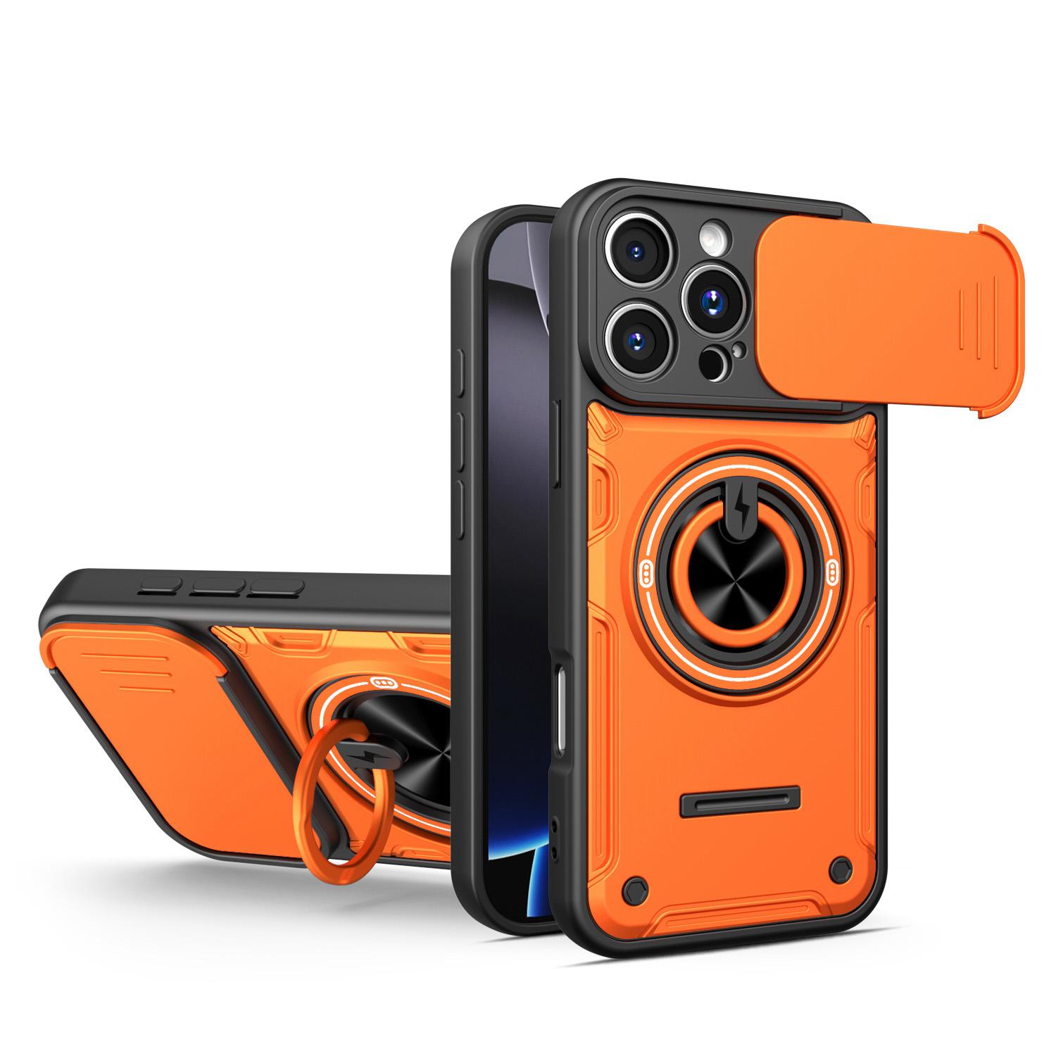 For iPhone 16 Pro Multifunctional Sliding Camshield Ring Holder Phone Case(Orange) - Shopkiz.com