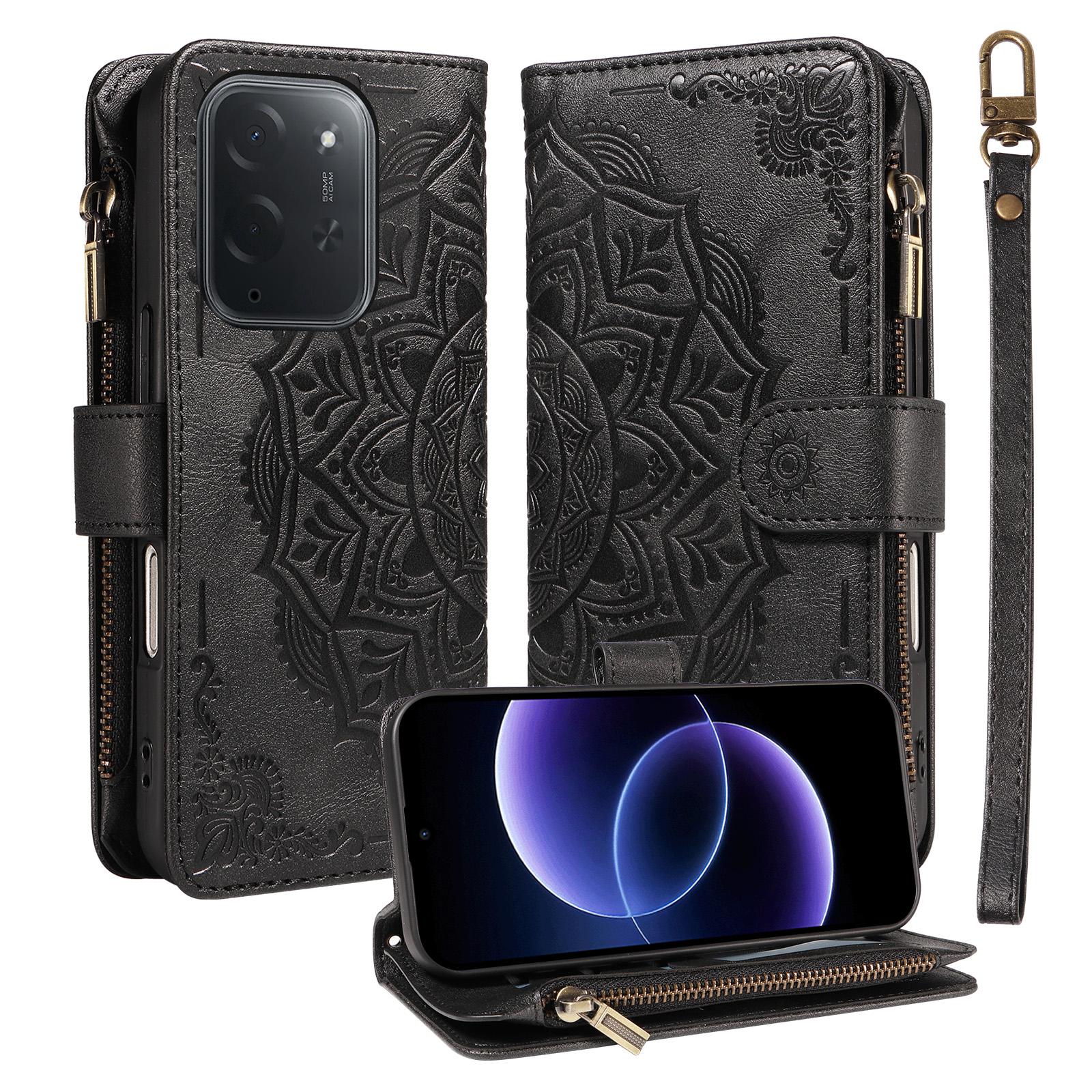 For Xiaomi Poco C95 Pro Mandala Embossed 9-Card Zipper RFID Vegan Leather Phone Case with Short Lanyard(Black) - Shopkiz.com